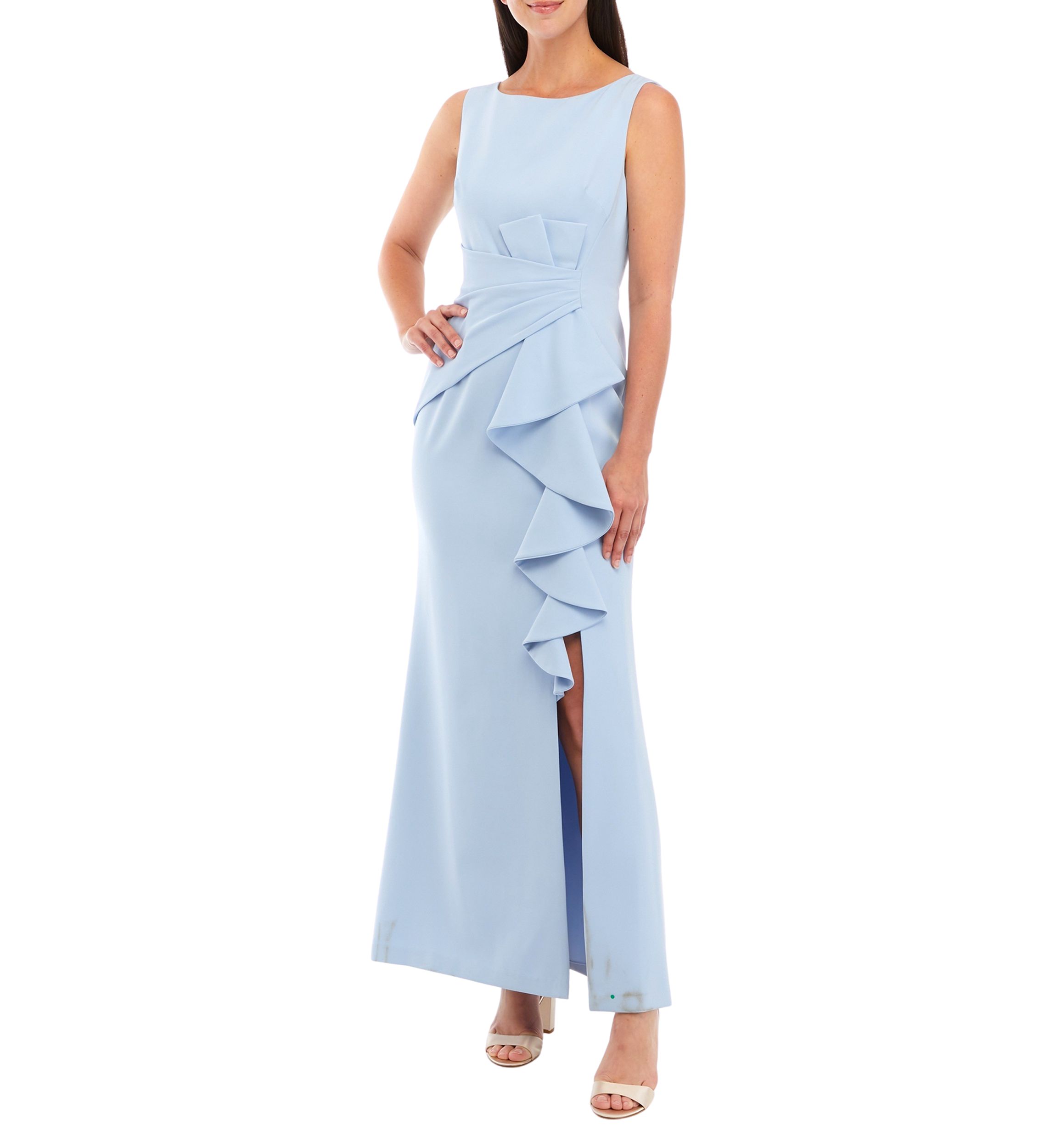 Womens Sleeveless Gown with Ruffle and Gathered Front