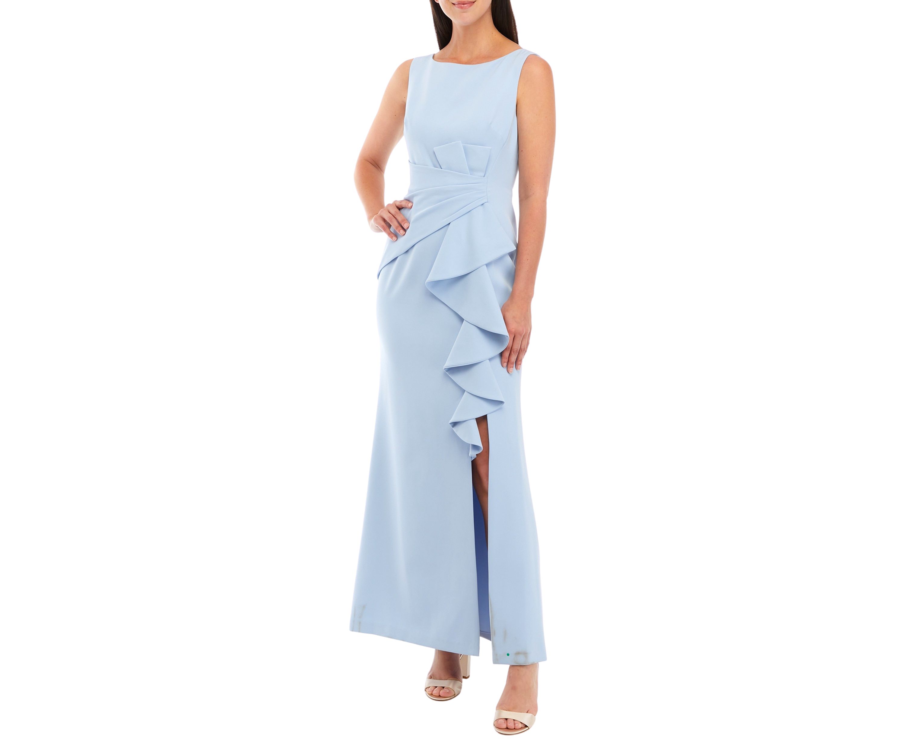 Womens Sleeveless Gown with Ruffle and Gathered Front