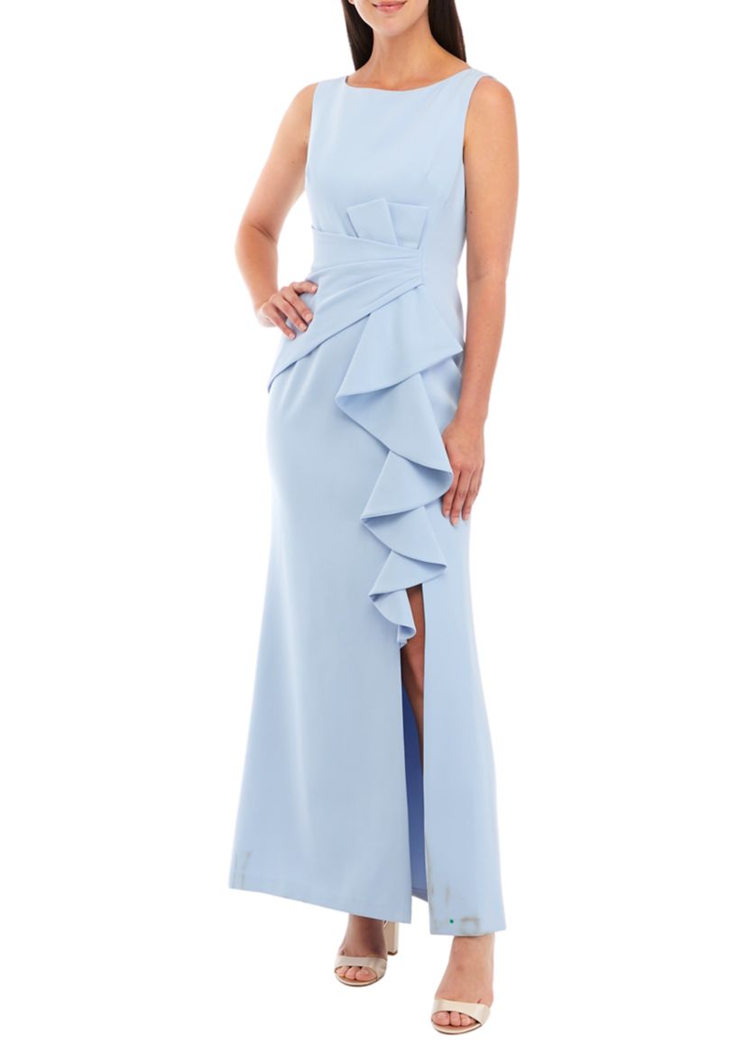 Womens Sleeveless Gown with Ruffle and Gathered Front