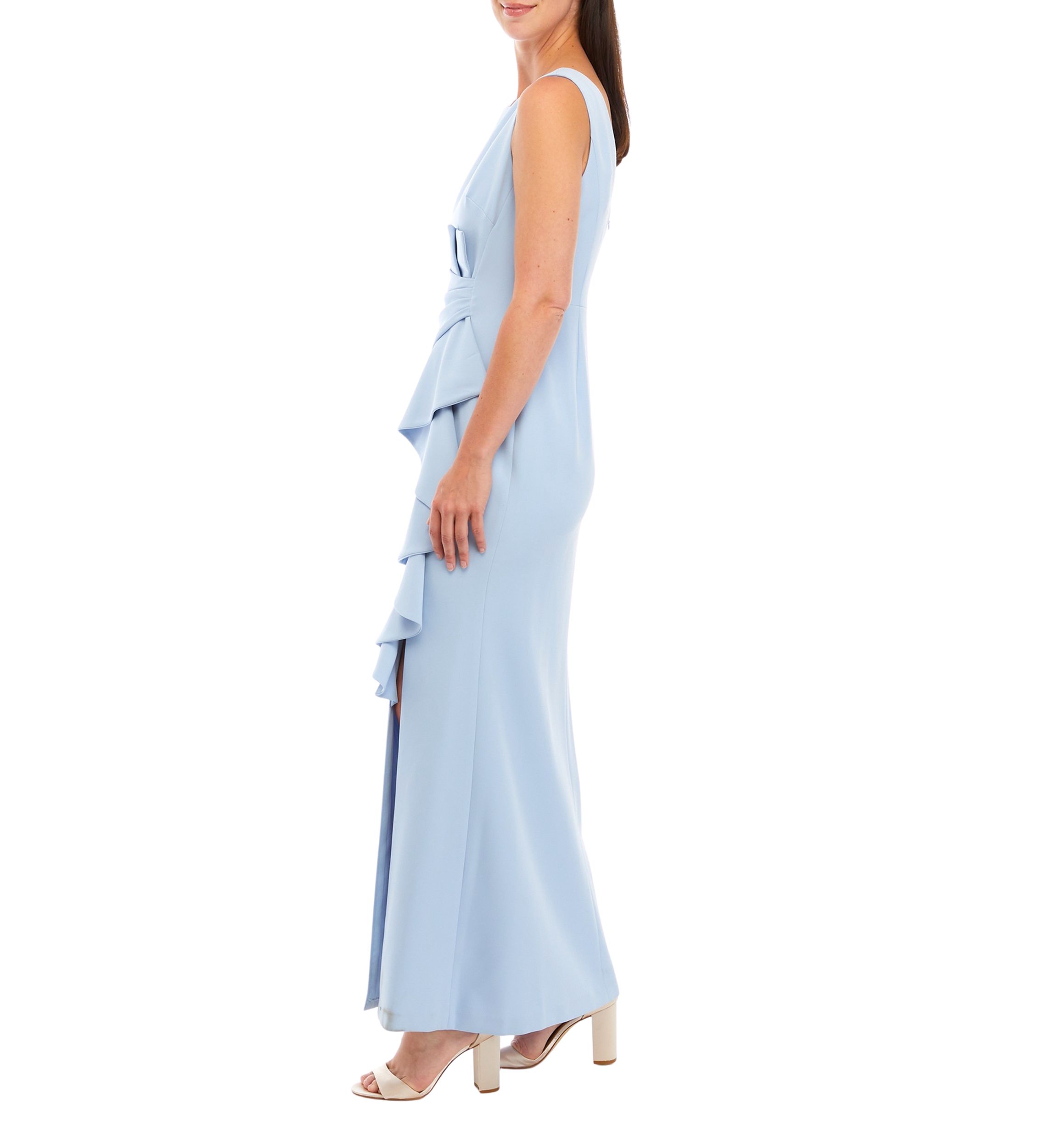 Womens Sleeveless Gown with Ruffle and Gathered Front