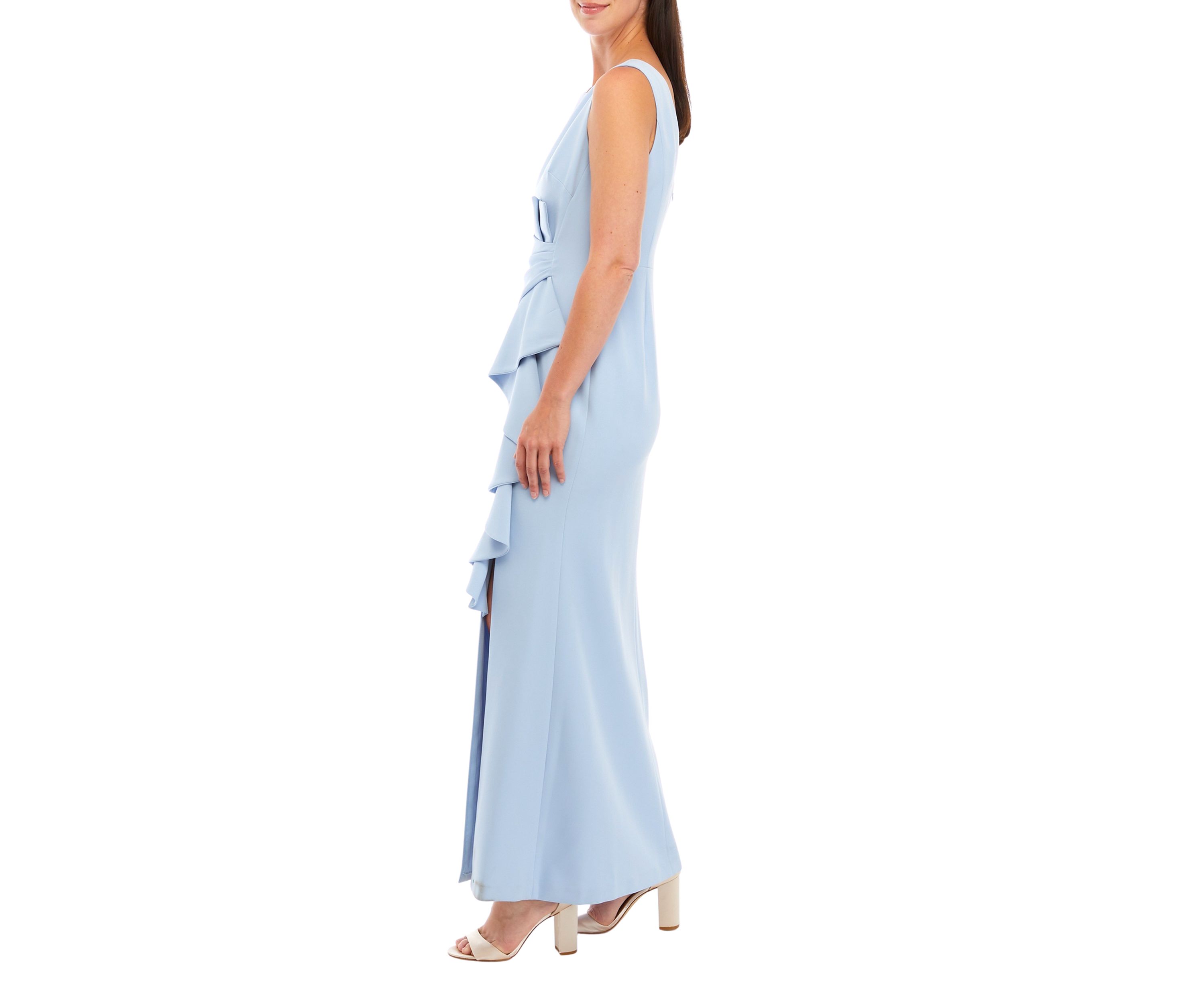 Womens Sleeveless Gown with Ruffle and Gathered Front