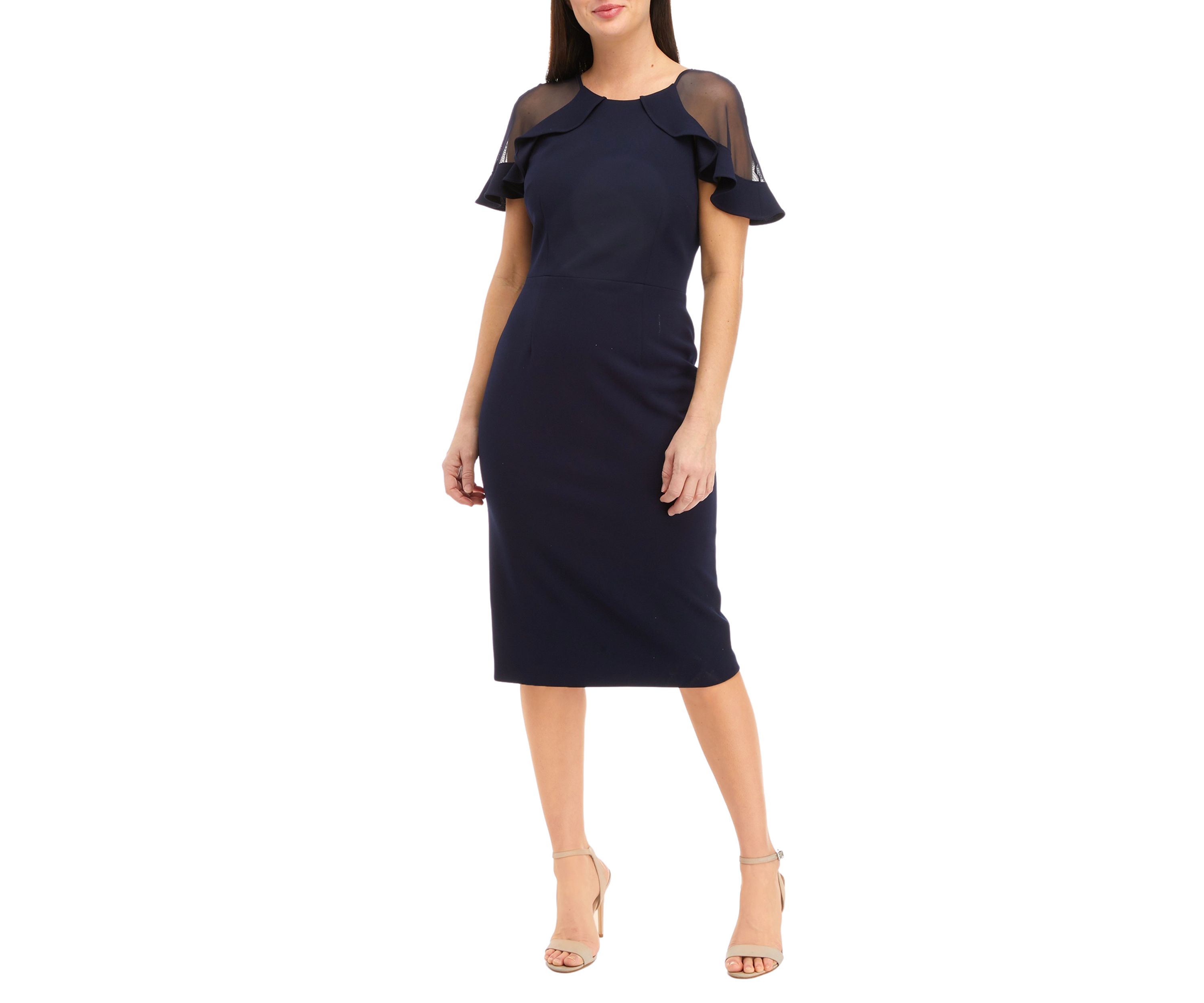 Womens Short Sleeve Illusion Ruffle Solid Shift Dress