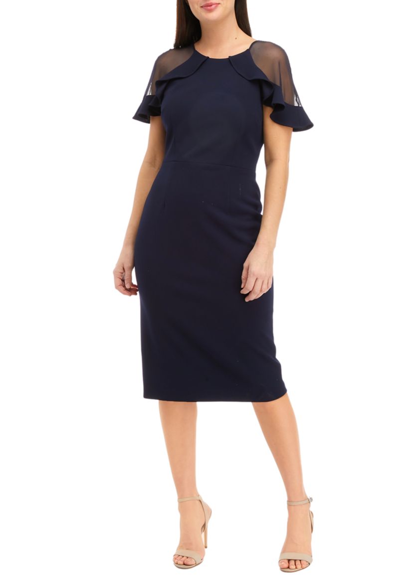 Womens Short Sleeve Illusion Ruffle Solid Shift Dress