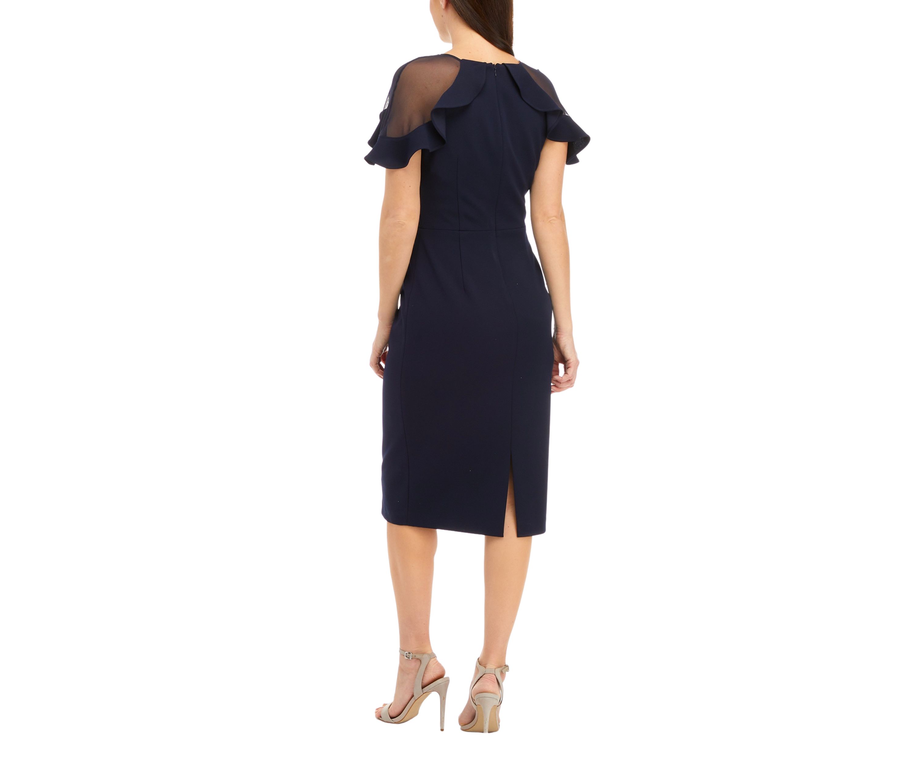 Womens Short Sleeve Illusion Ruffle Solid Shift Dress