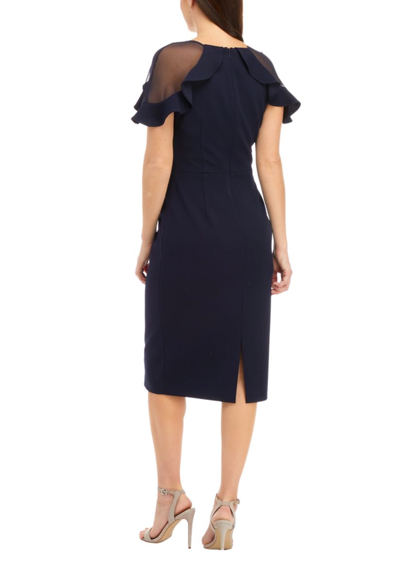 Womens Short Sleeve Illusion Ruffle Solid Shift Dress