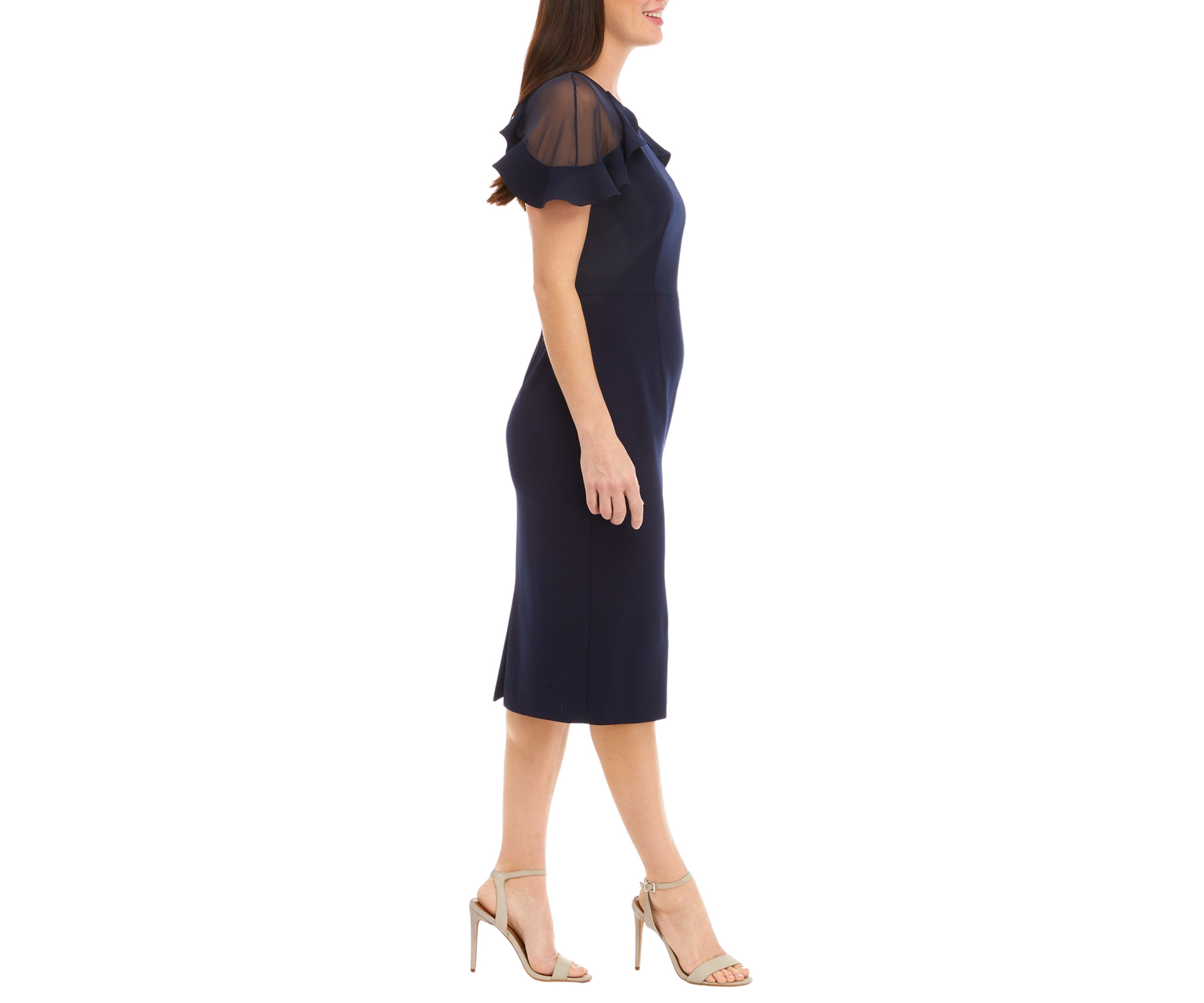 Womens Short Sleeve Illusion Ruffle Solid Shift Dress