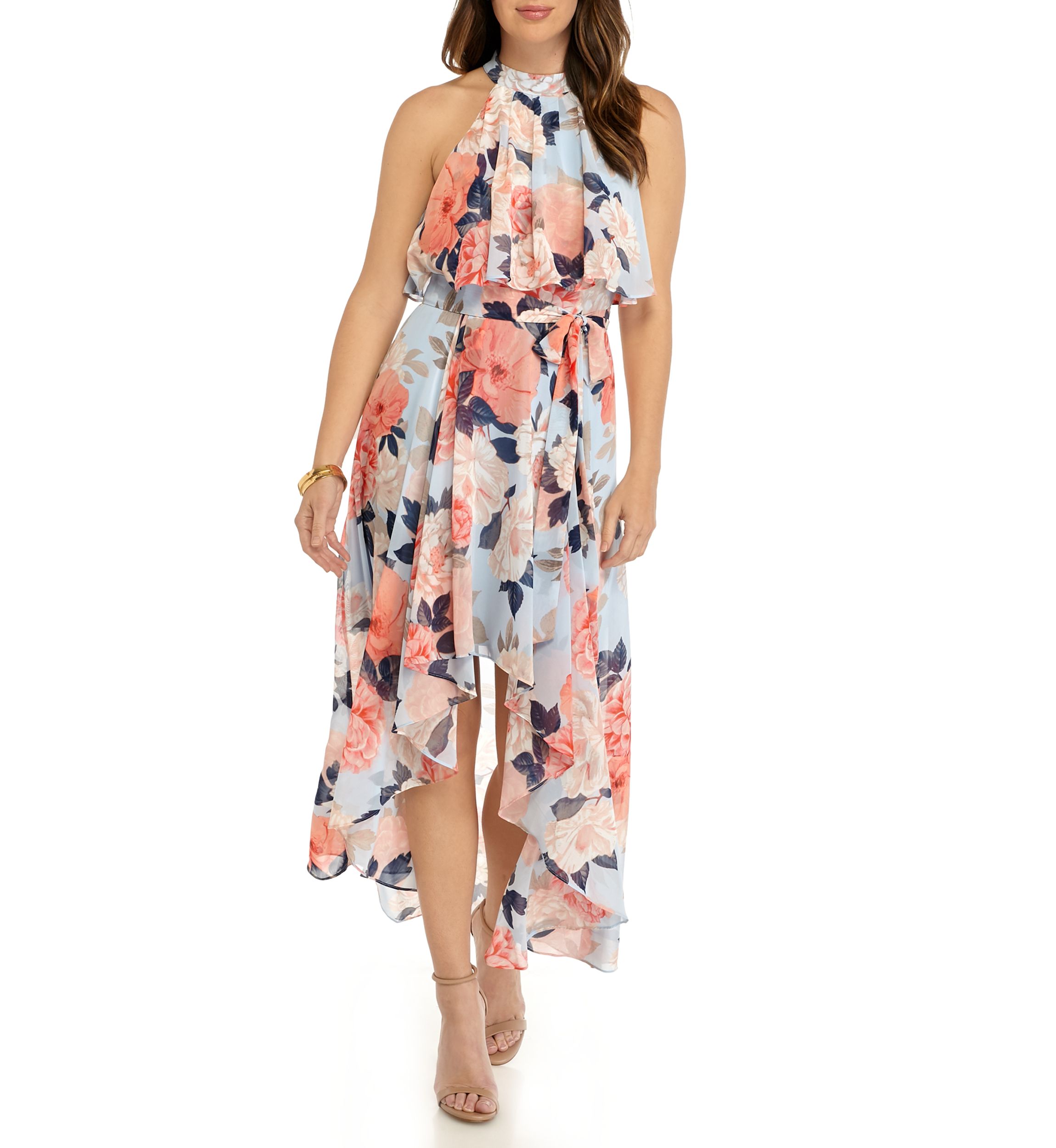Womens Halter Neck High Low Chiffon Dress