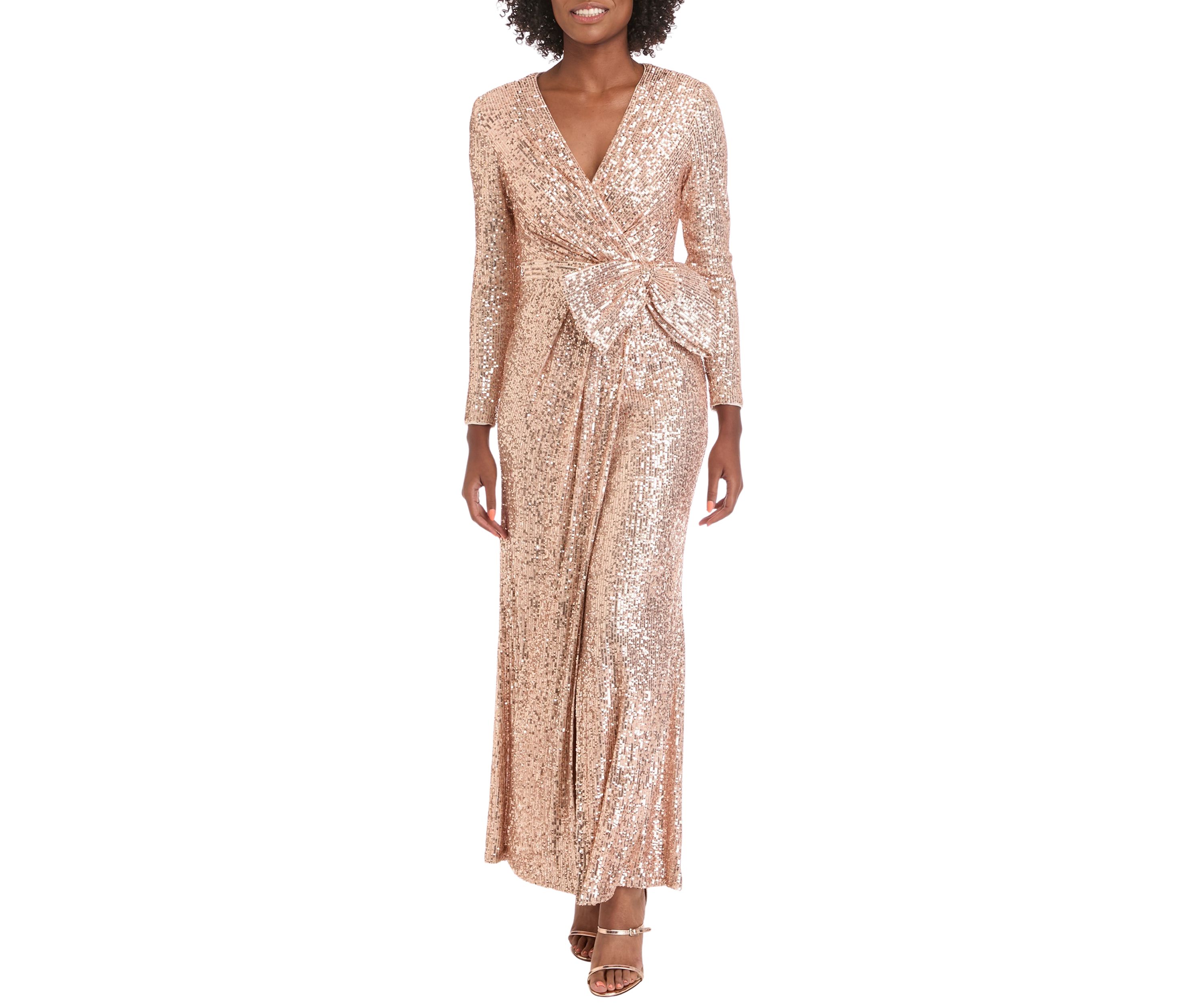 Womens Long Sleeve V-Neck Sequin Wrap Gown