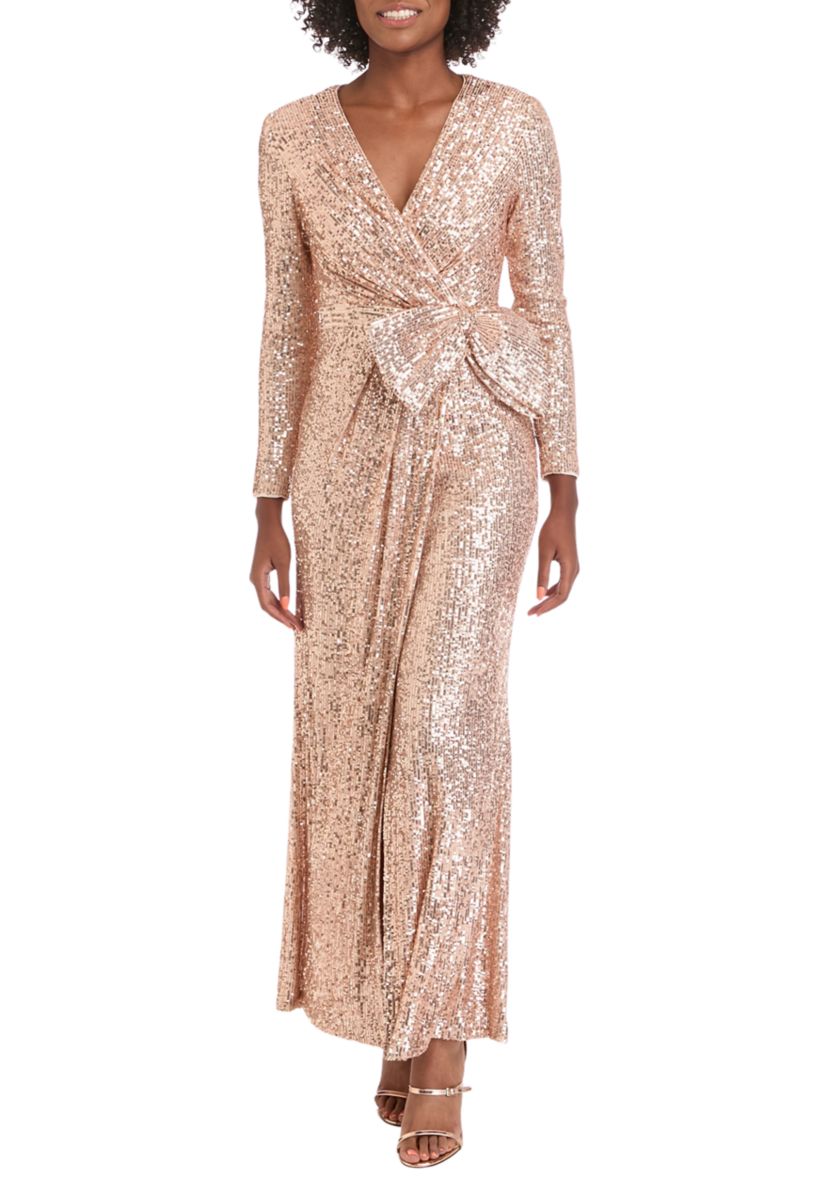 Womens Long Sleeve V-Neck Sequin Wrap Gown