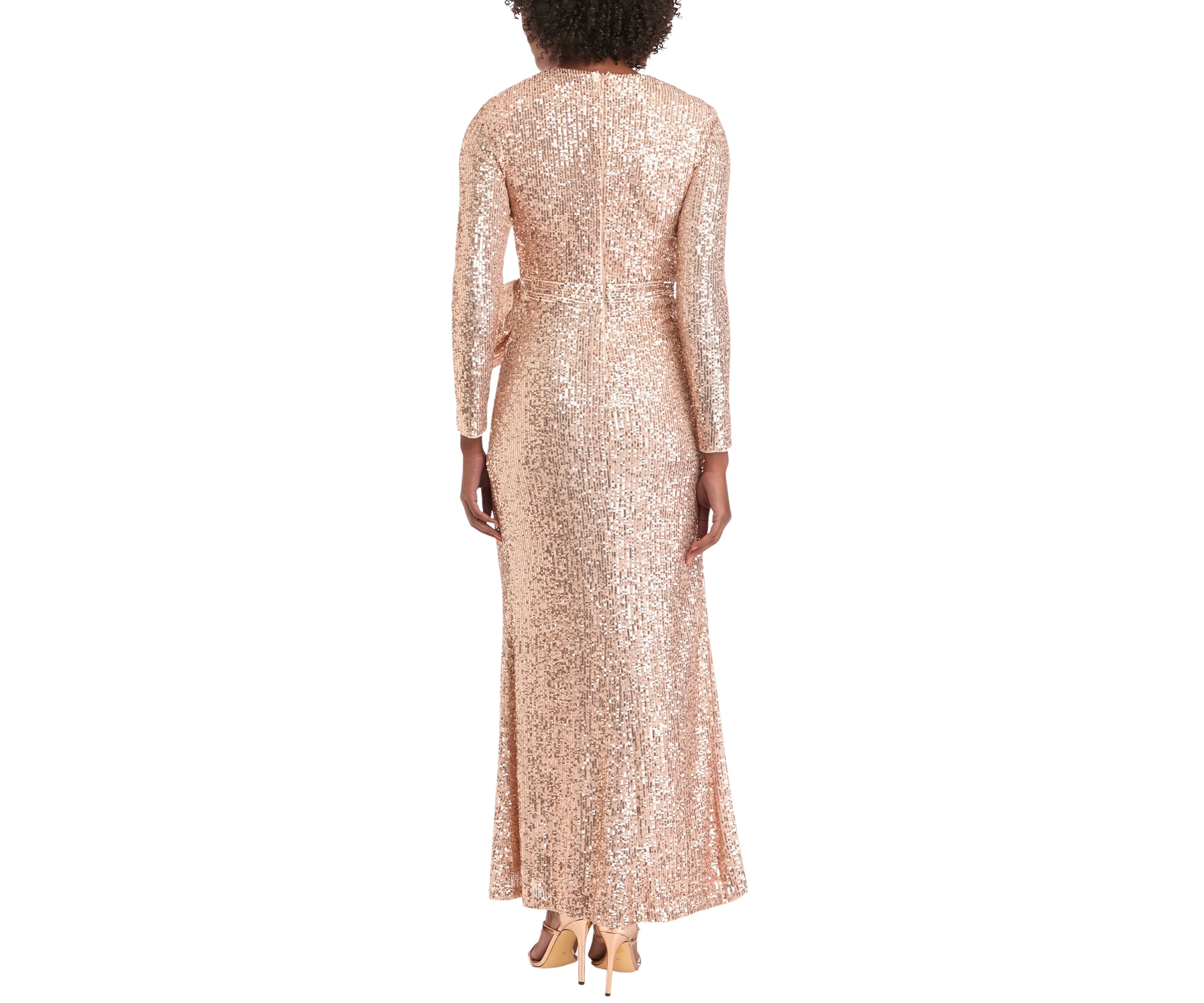 Womens Long Sleeve V-Neck Sequin Wrap Gown