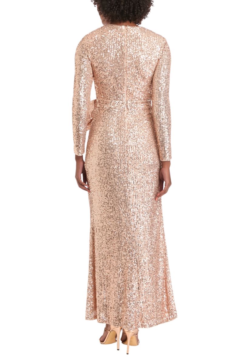 Womens Long Sleeve V-Neck Sequin Wrap Gown