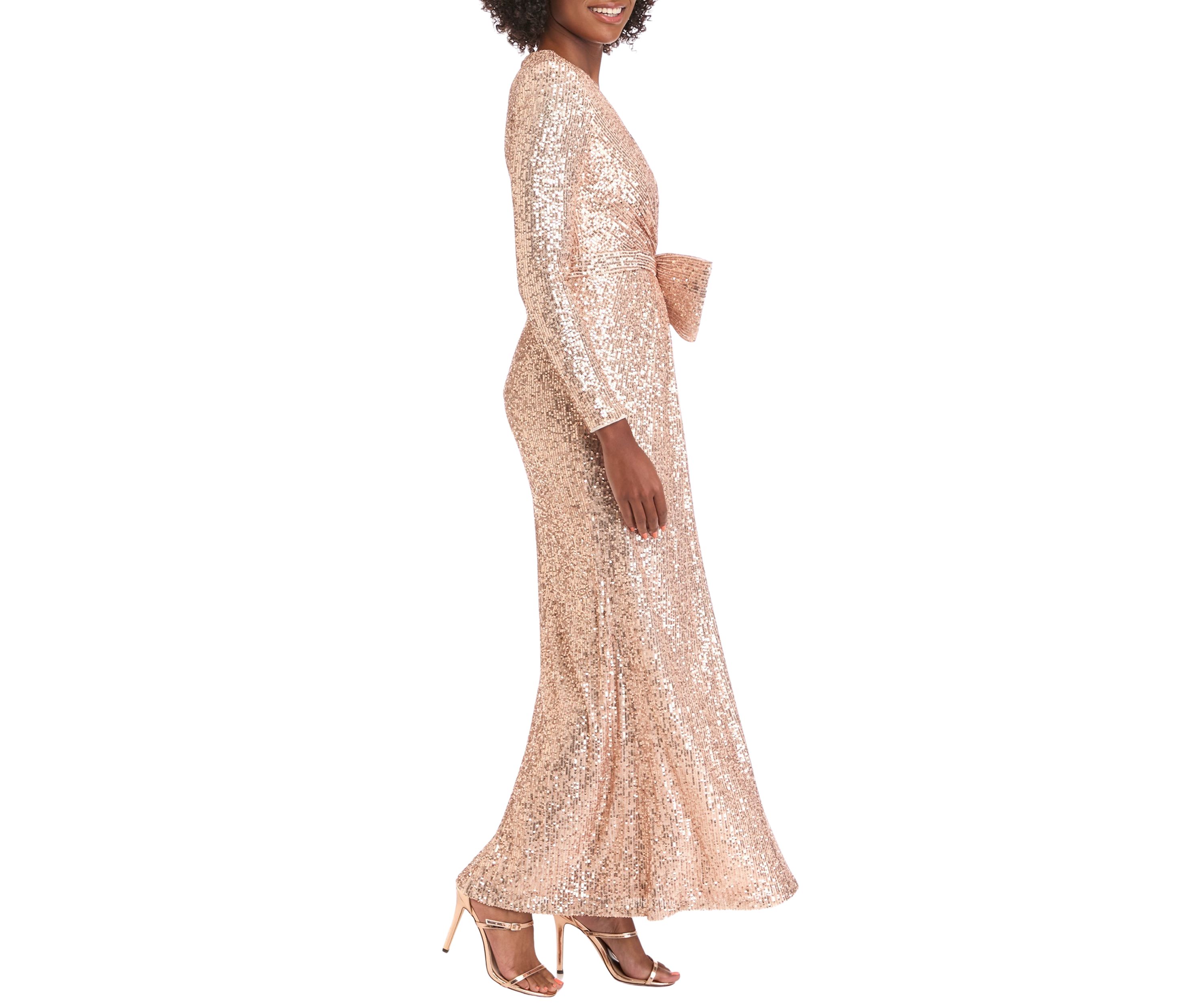 Womens Long Sleeve V-Neck Sequin Wrap Gown
