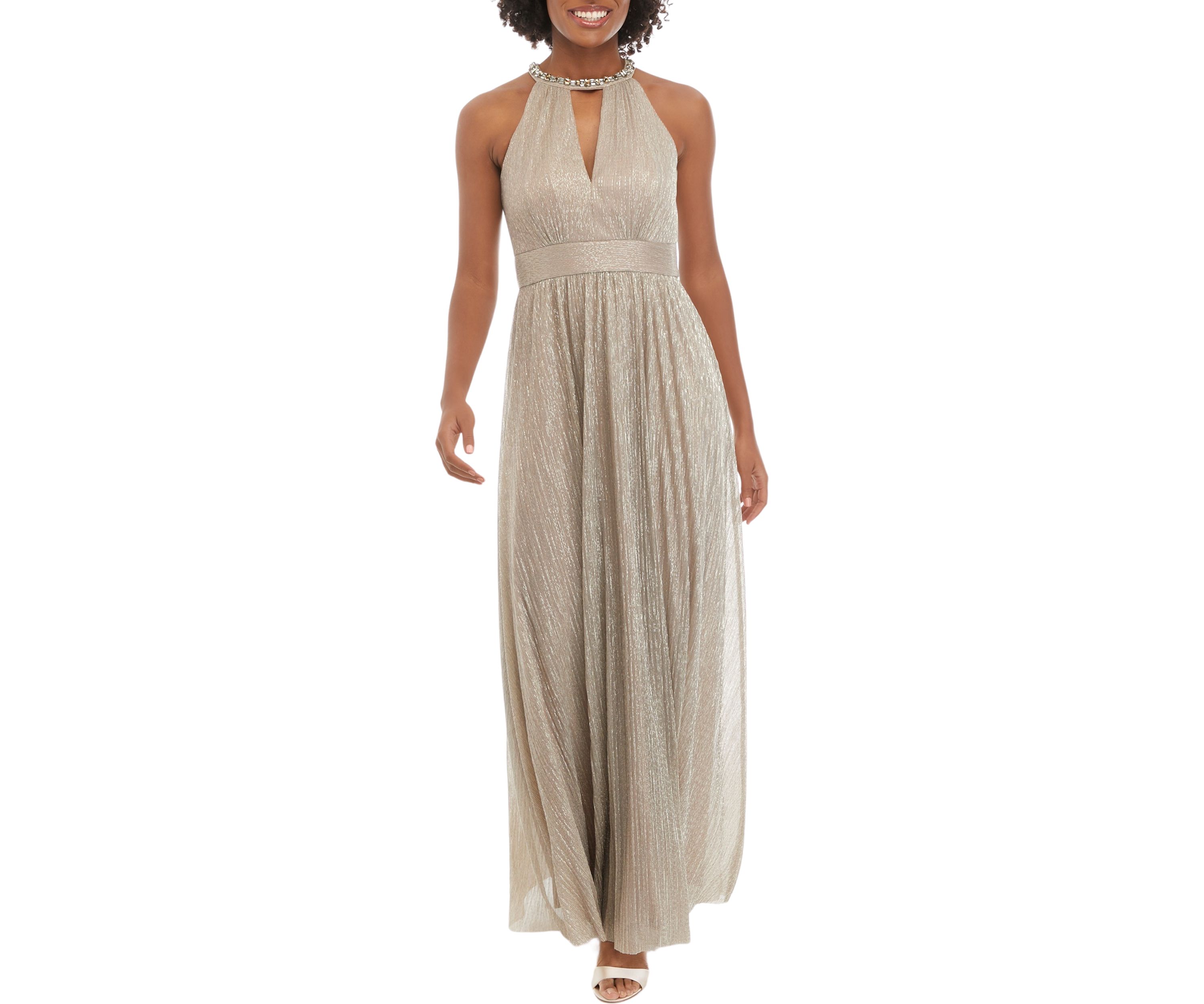 Sleeveless Halter Cutout Foil Gown 