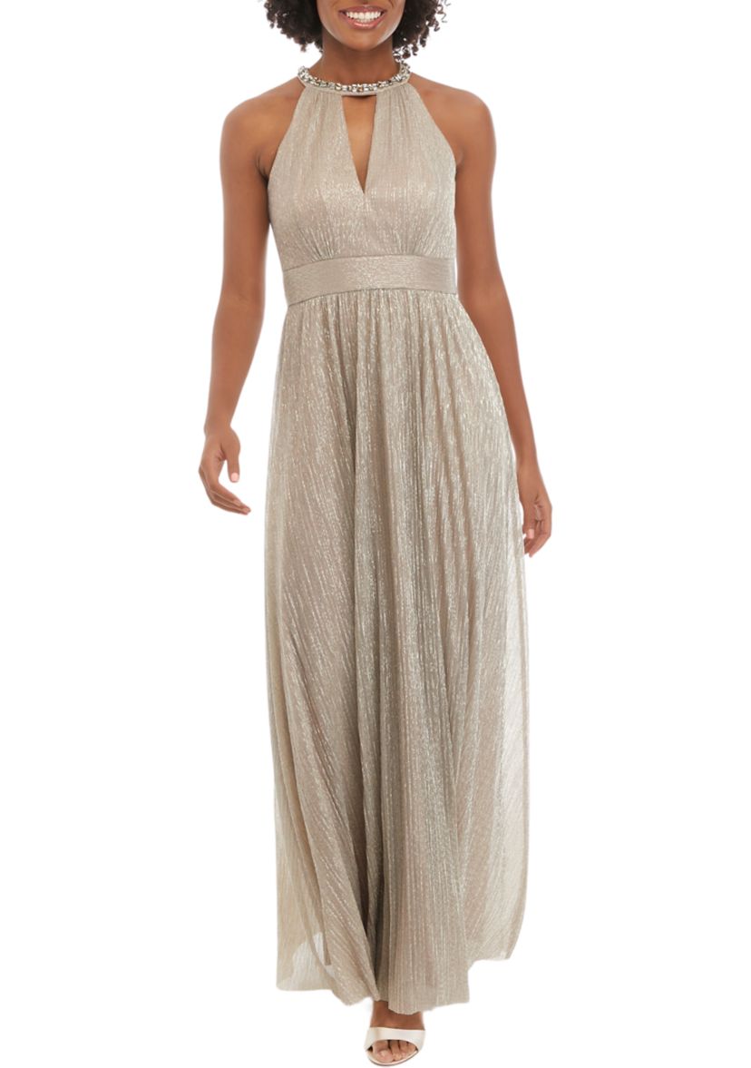 Sleeveless Halter Cutout Foil Gown 