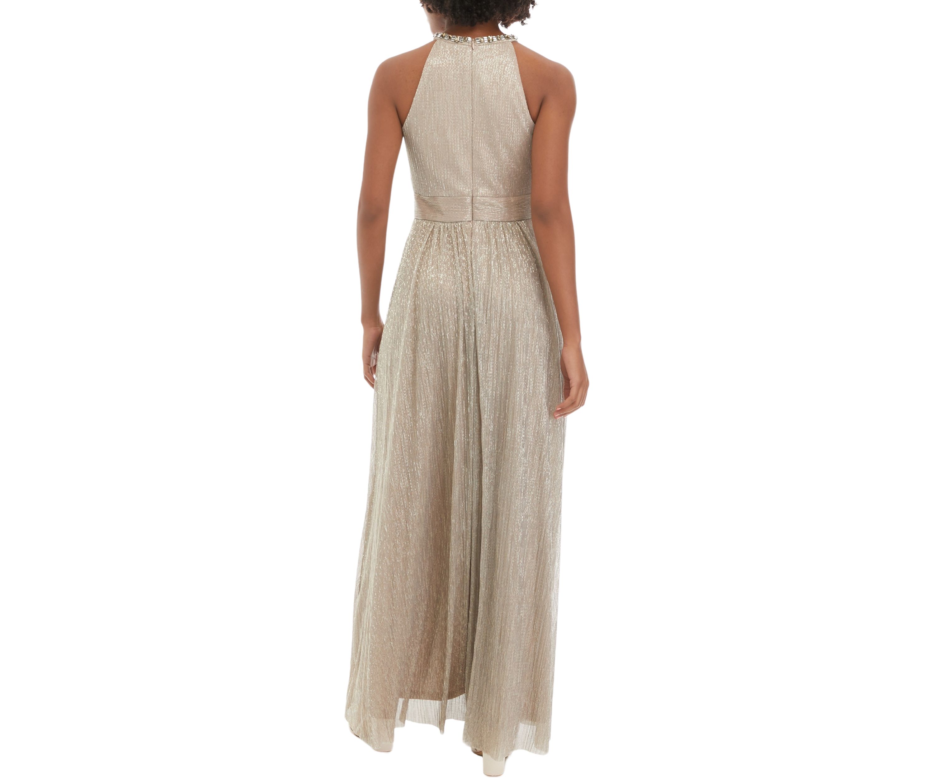 Sleeveless Halter Cutout Foil Gown 