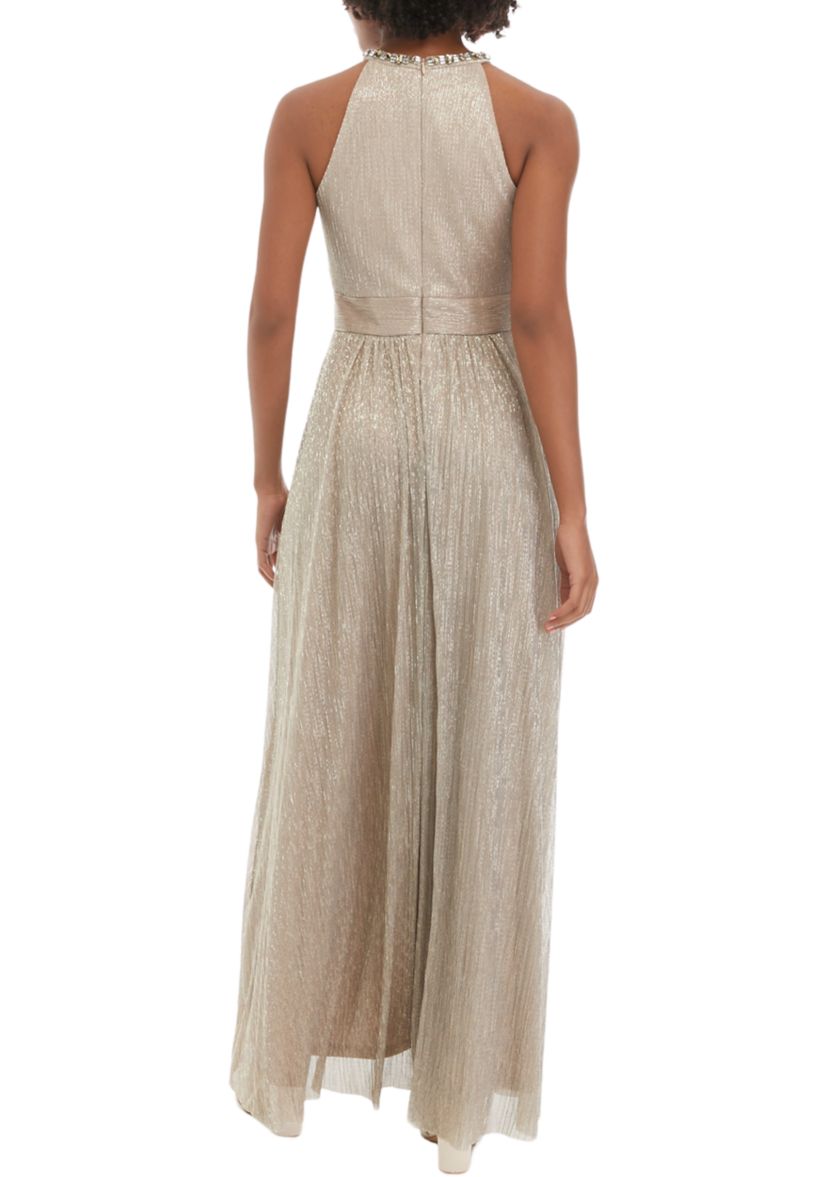 Sleeveless Halter Cutout Foil Gown 