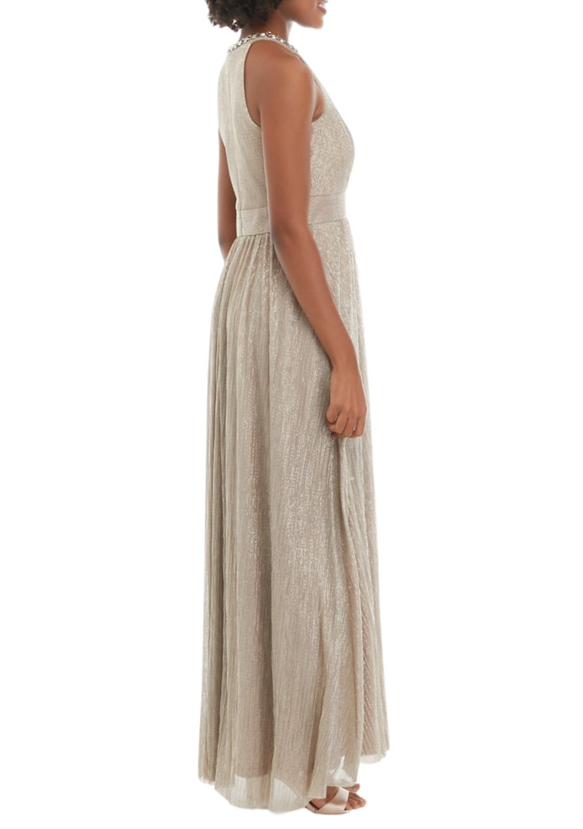 Sleeveless Halter Cutout Foil Gown 