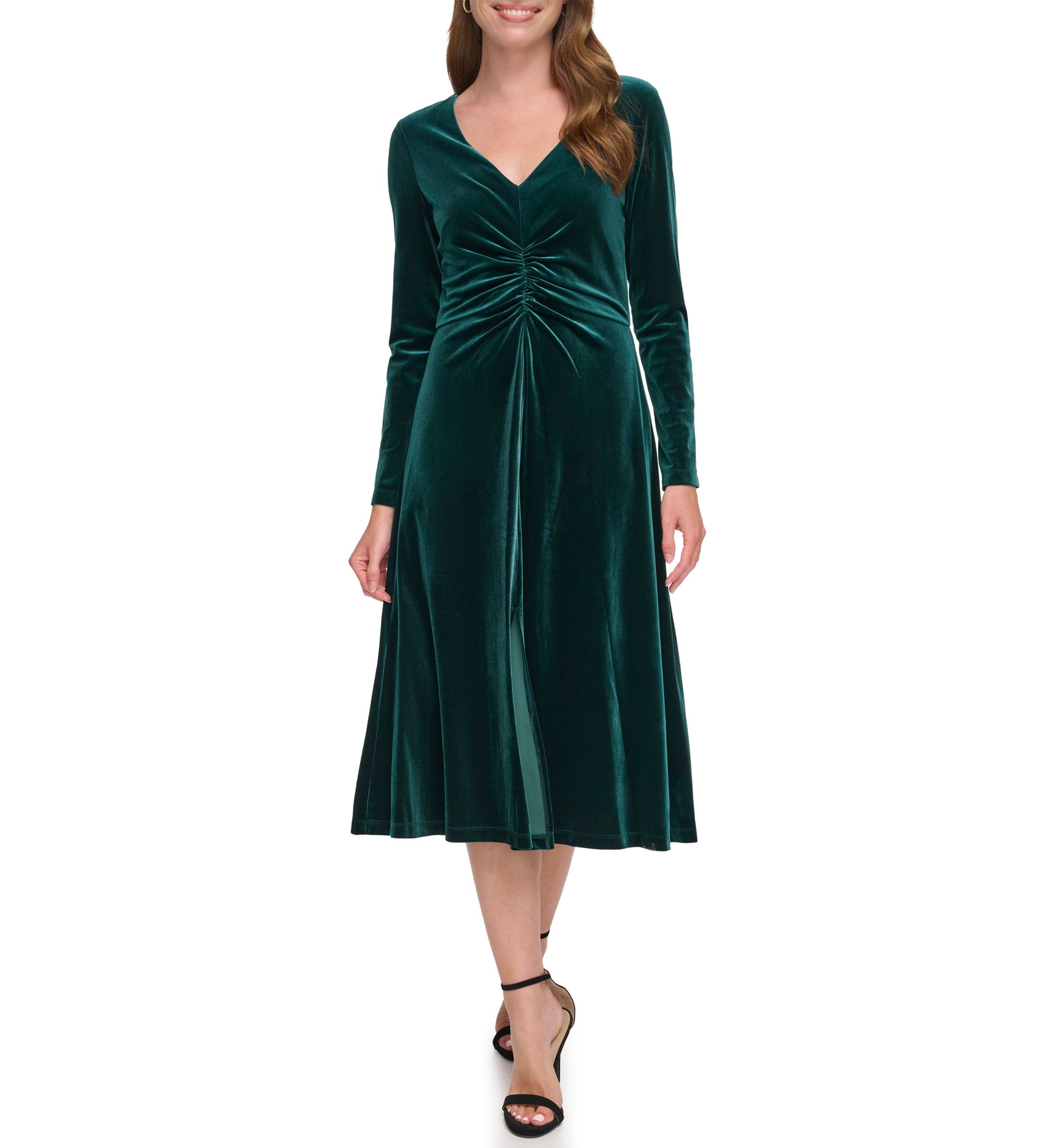 Womens Long Sleeve Solid Velvet Sheath Dress