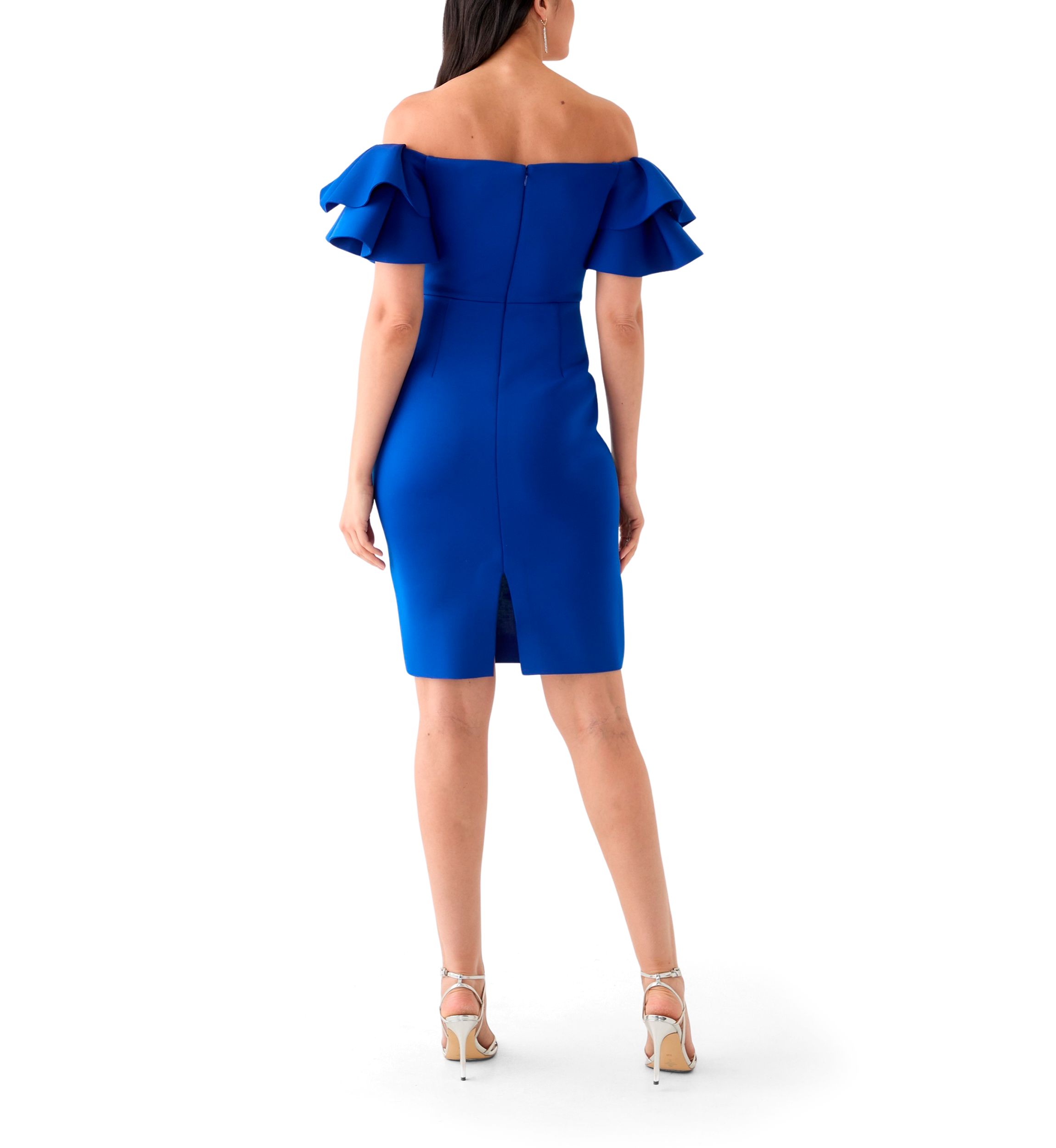 Womens Ruffle Off the Shoulder Scuba Gown