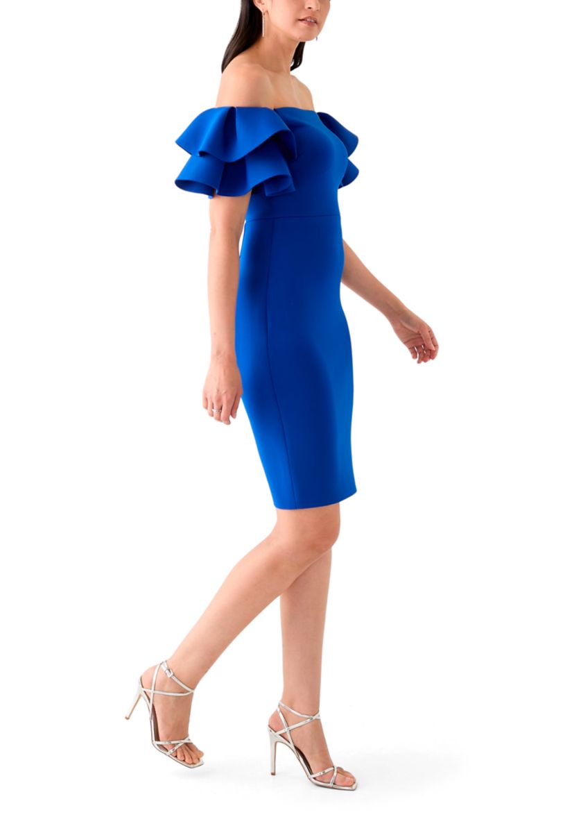 Womens Ruffle Off the Shoulder Scuba Gown