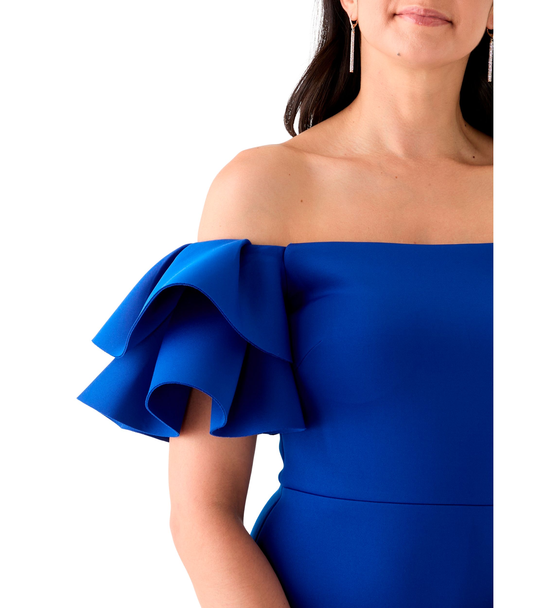 Womens Ruffle Off the Shoulder Scuba Gown