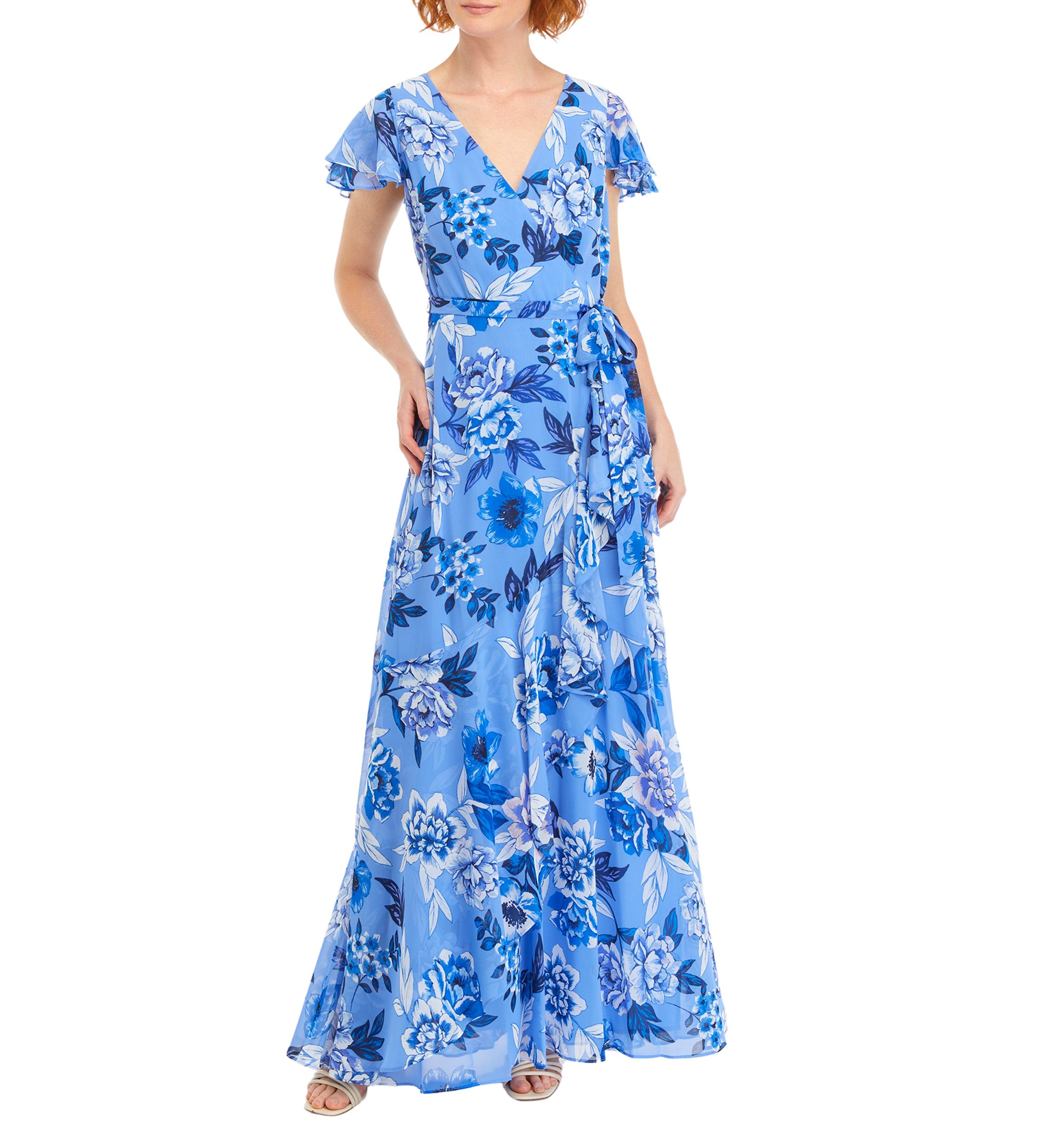 Womens Flutter Sleeve V-Neck Chiffon Printed Gown
