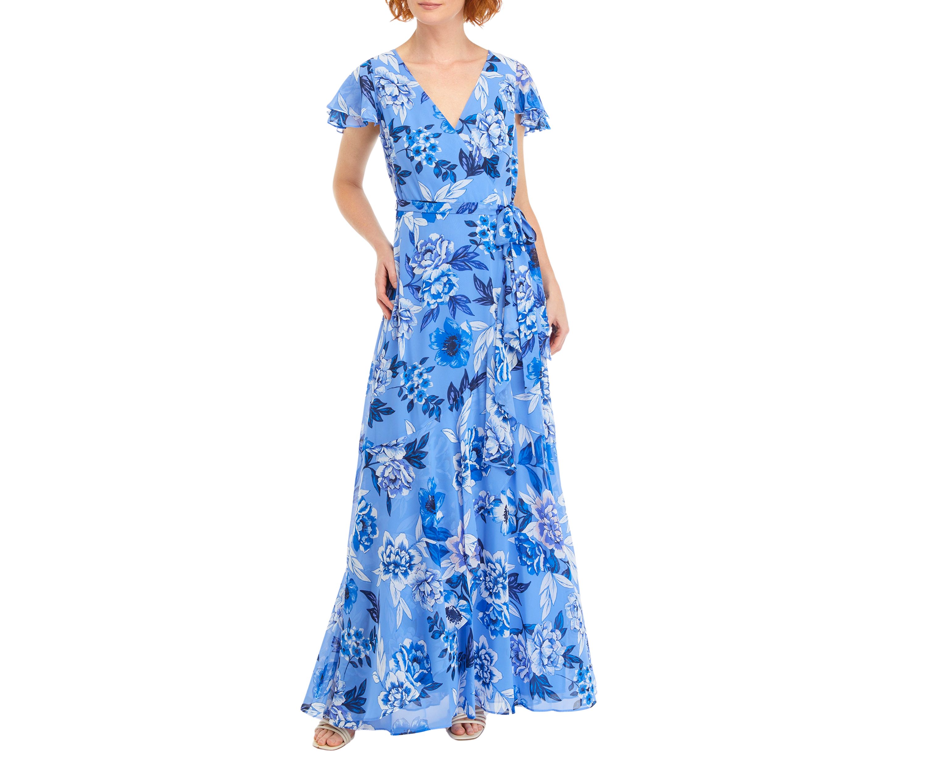 Womens Flutter Sleeve V-Neck Chiffon Printed Gown