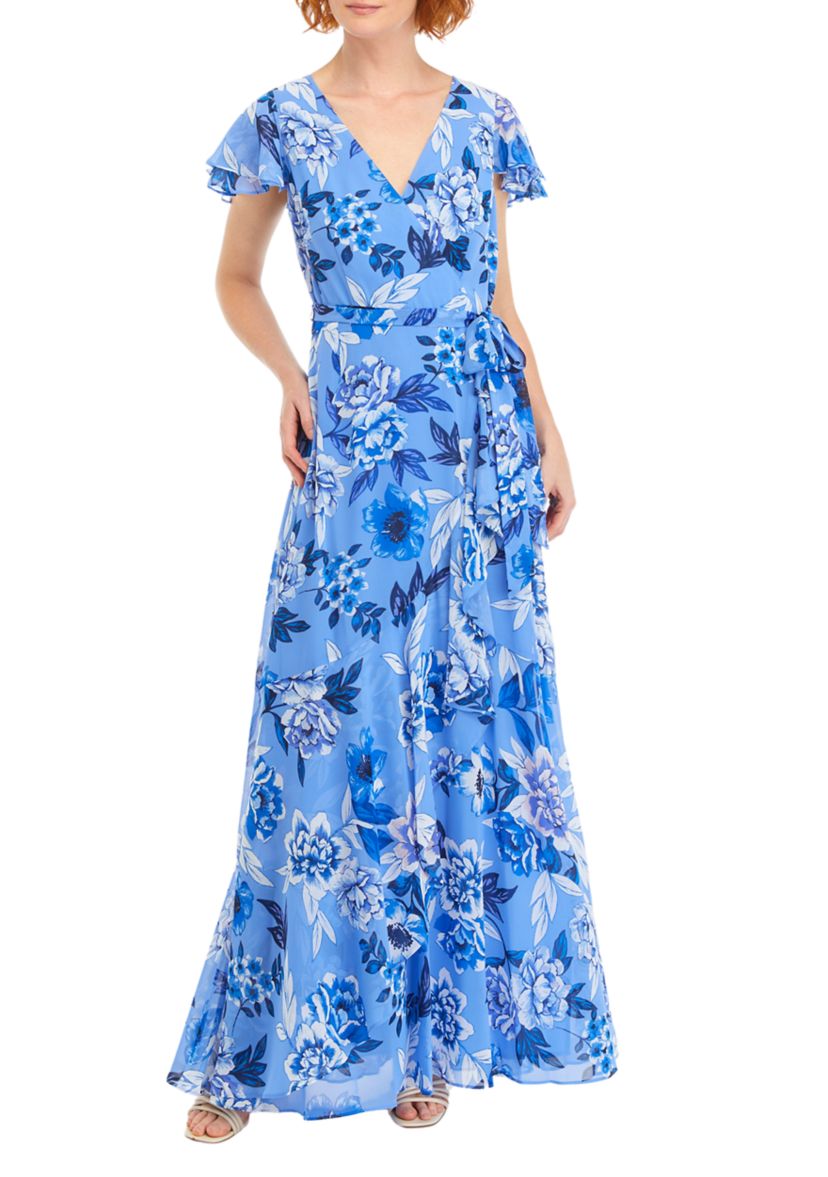 Womens Flutter Sleeve V-Neck Chiffon Printed Gown