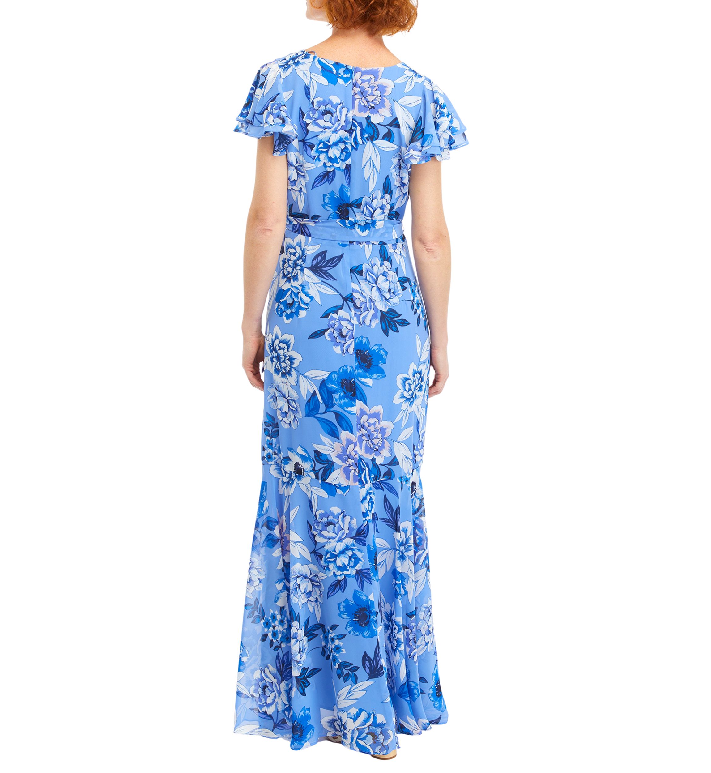 Womens Flutter Sleeve V-Neck Chiffon Printed Gown