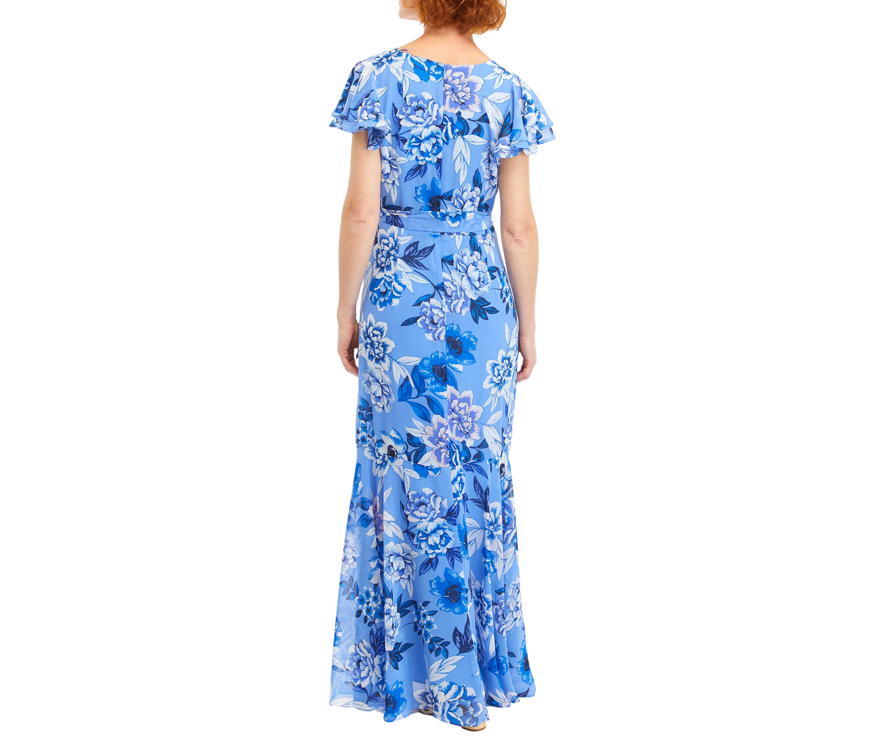 Womens Flutter Sleeve V-Neck Chiffon Printed Gown