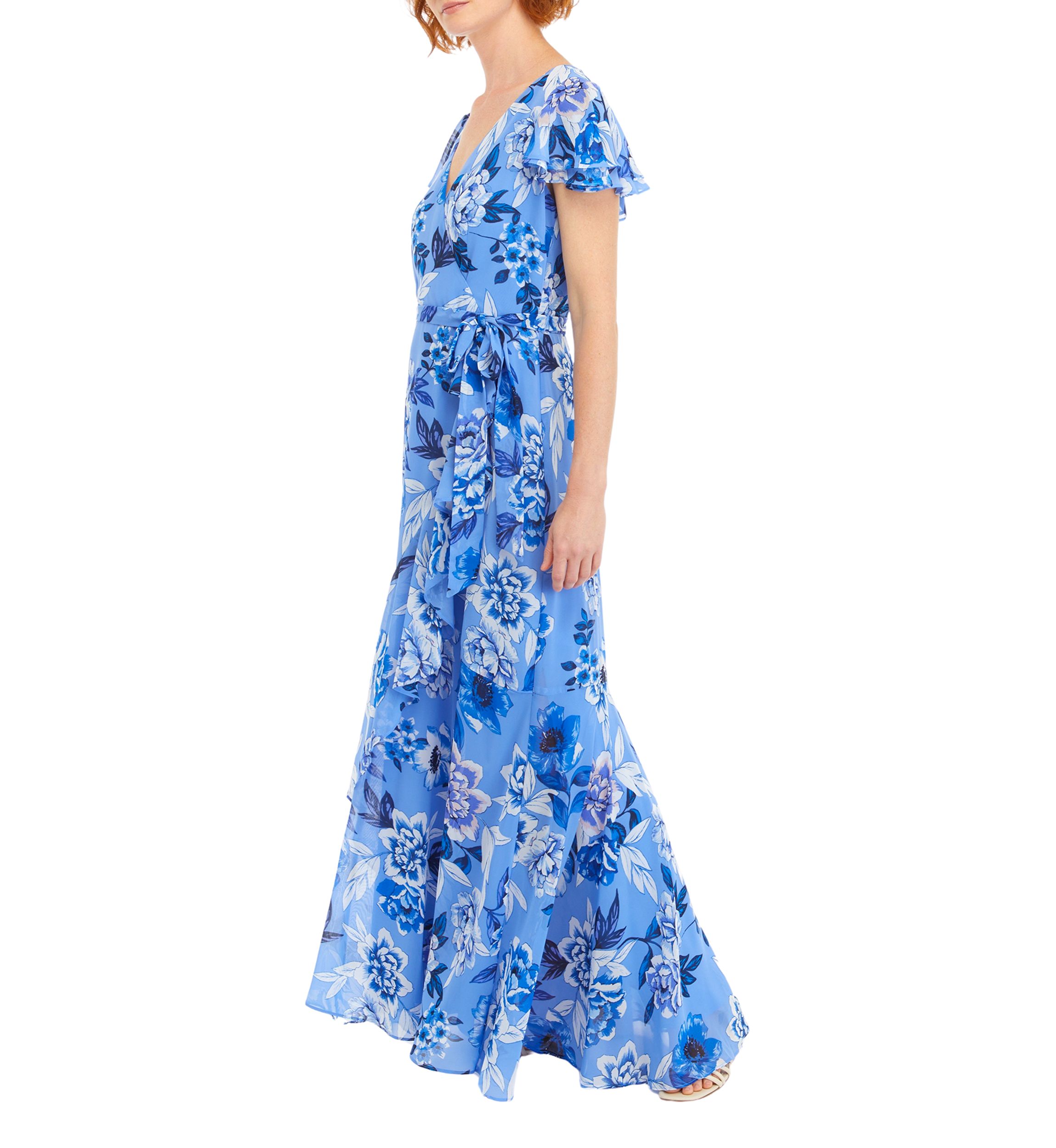 Womens Flutter Sleeve V-Neck Chiffon Printed Gown