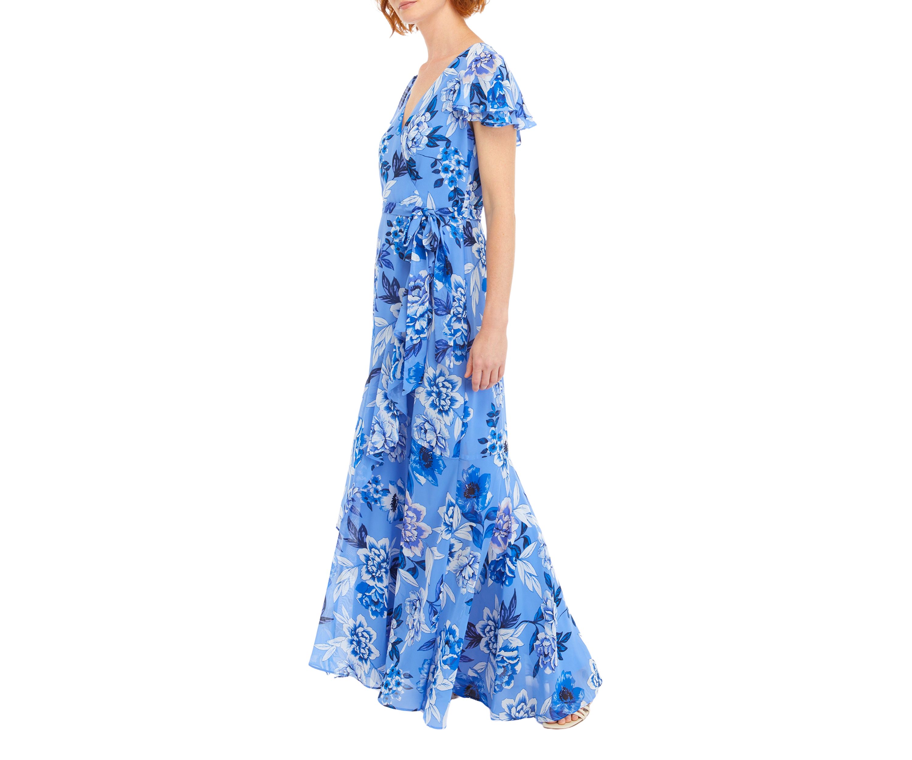 Womens Flutter Sleeve V-Neck Chiffon Printed Gown