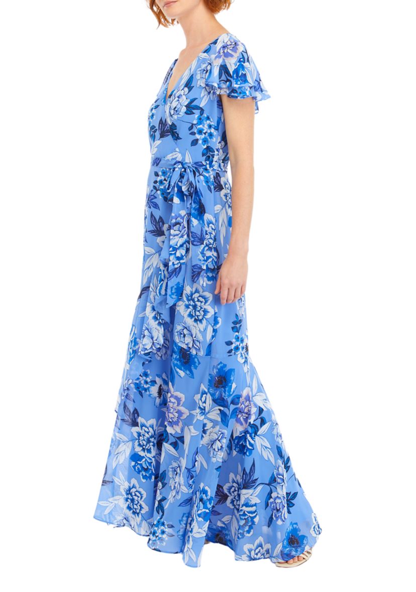 Womens Flutter Sleeve V-Neck Chiffon Printed Gown