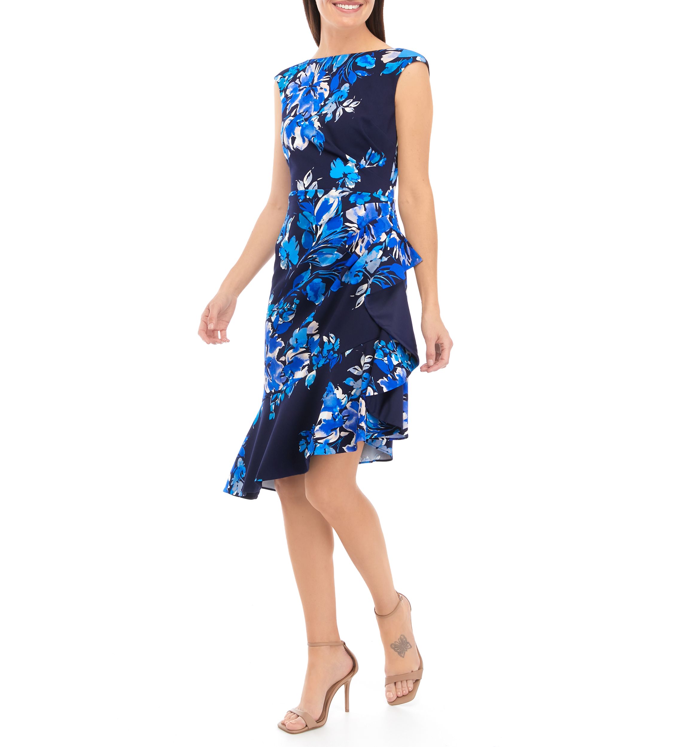 Womens Boat Neck Cascade Ruffle Sheath Dress