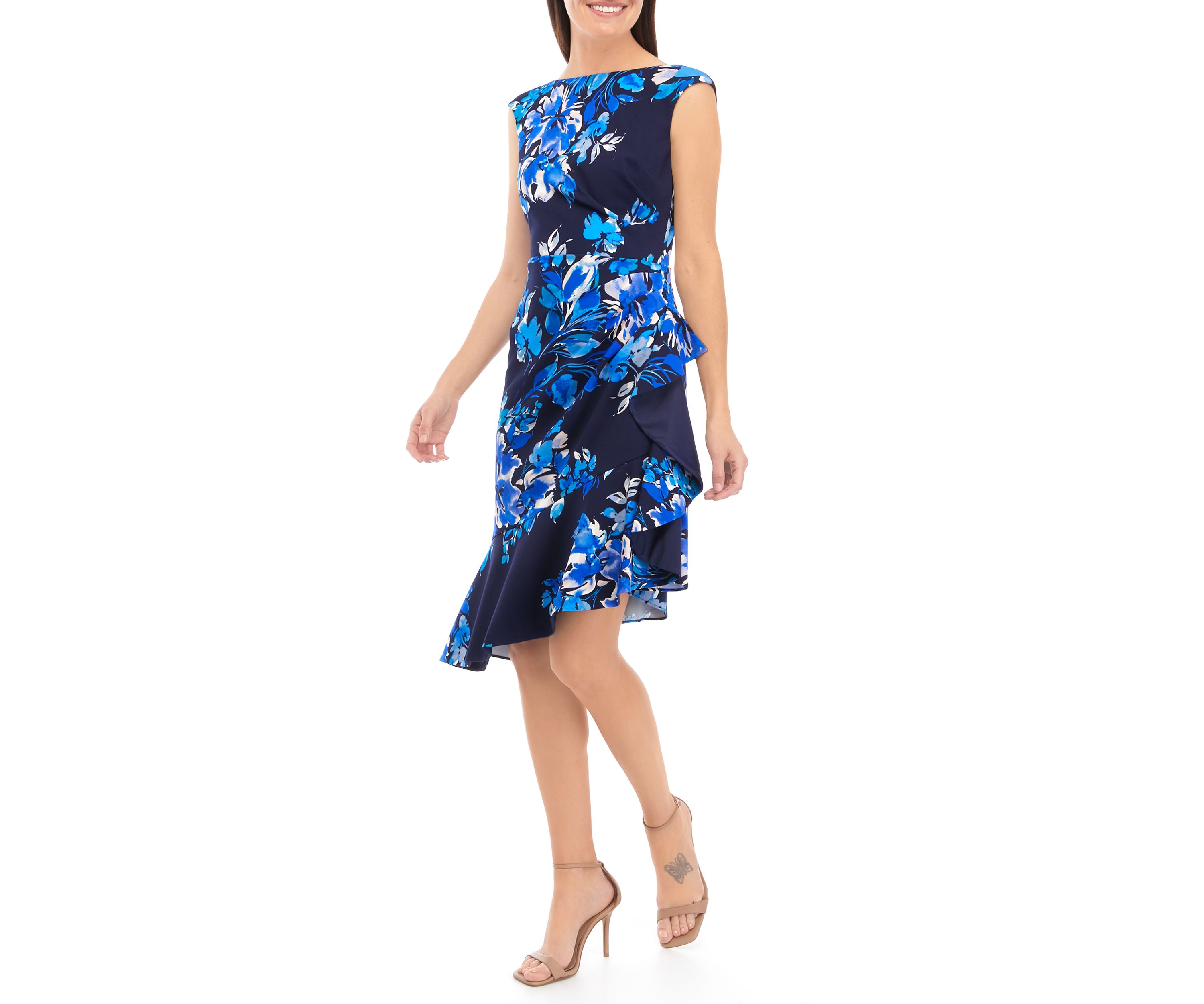 Womens Boat Neck Cascade Ruffle Sheath Dress