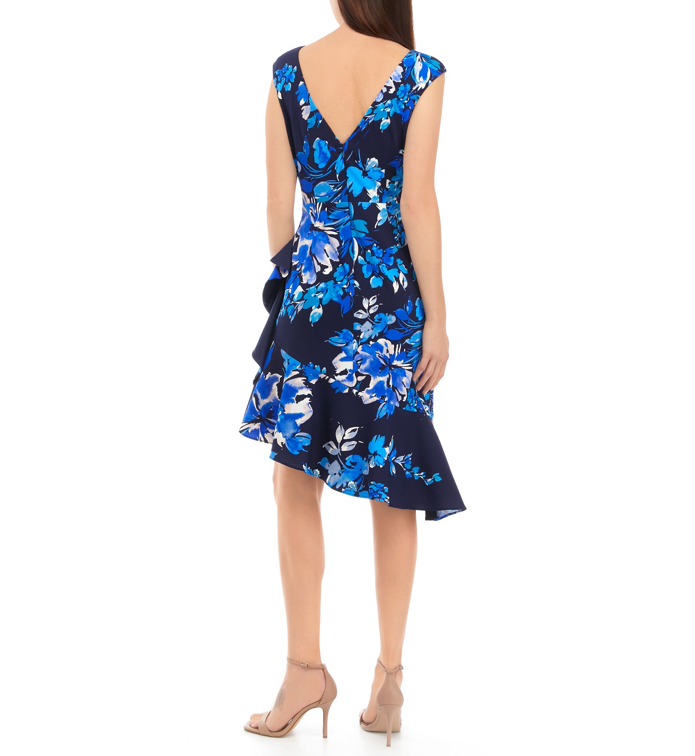 Womens Boat Neck Cascade Ruffle Sheath Dress