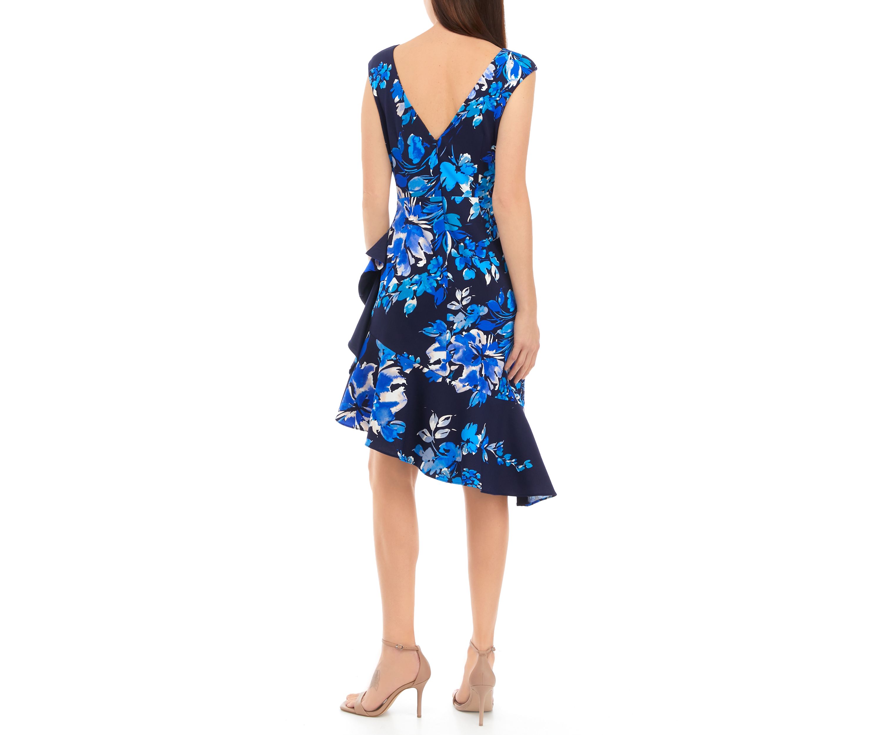 Womens Boat Neck Cascade Ruffle Sheath Dress