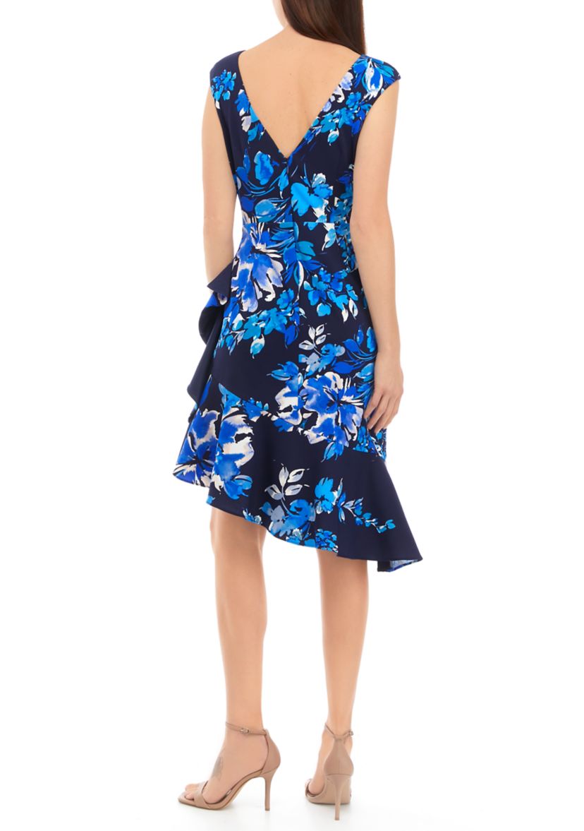 Womens Boat Neck Cascade Ruffle Sheath Dress