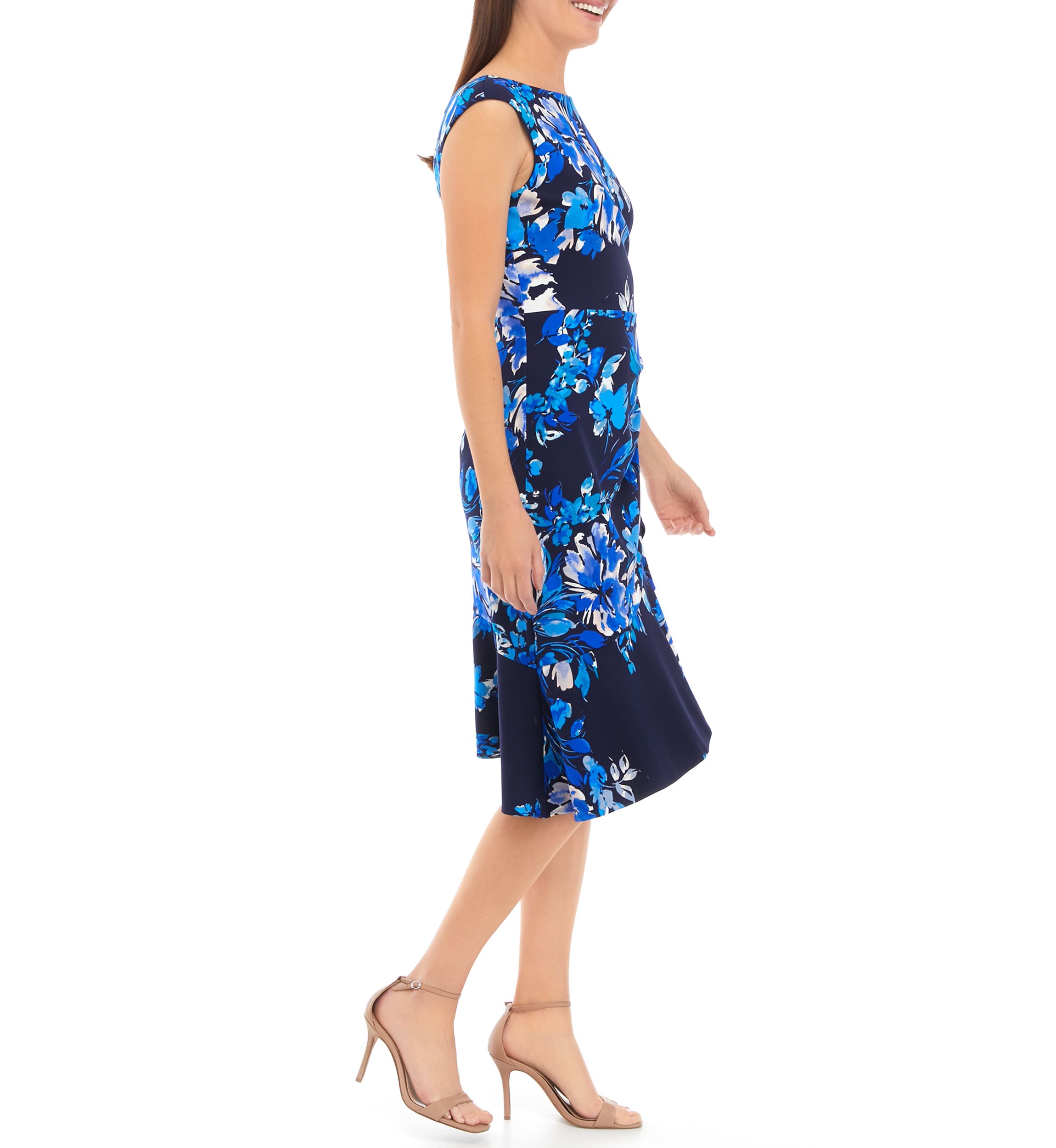 Womens Boat Neck Cascade Ruffle Sheath Dress