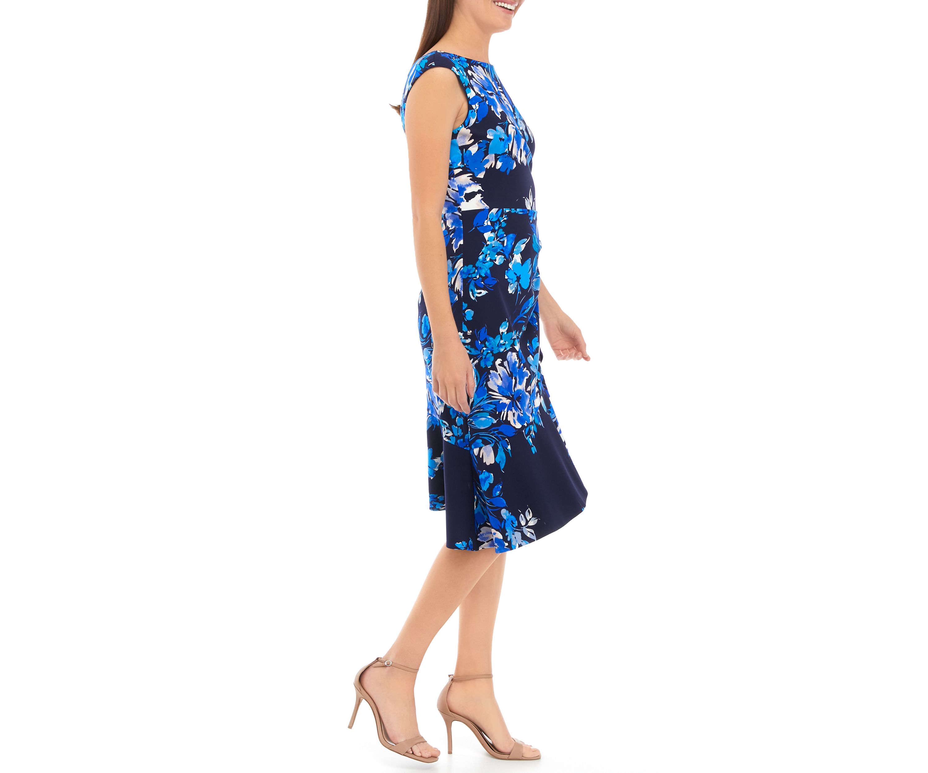 Womens Boat Neck Cascade Ruffle Sheath Dress