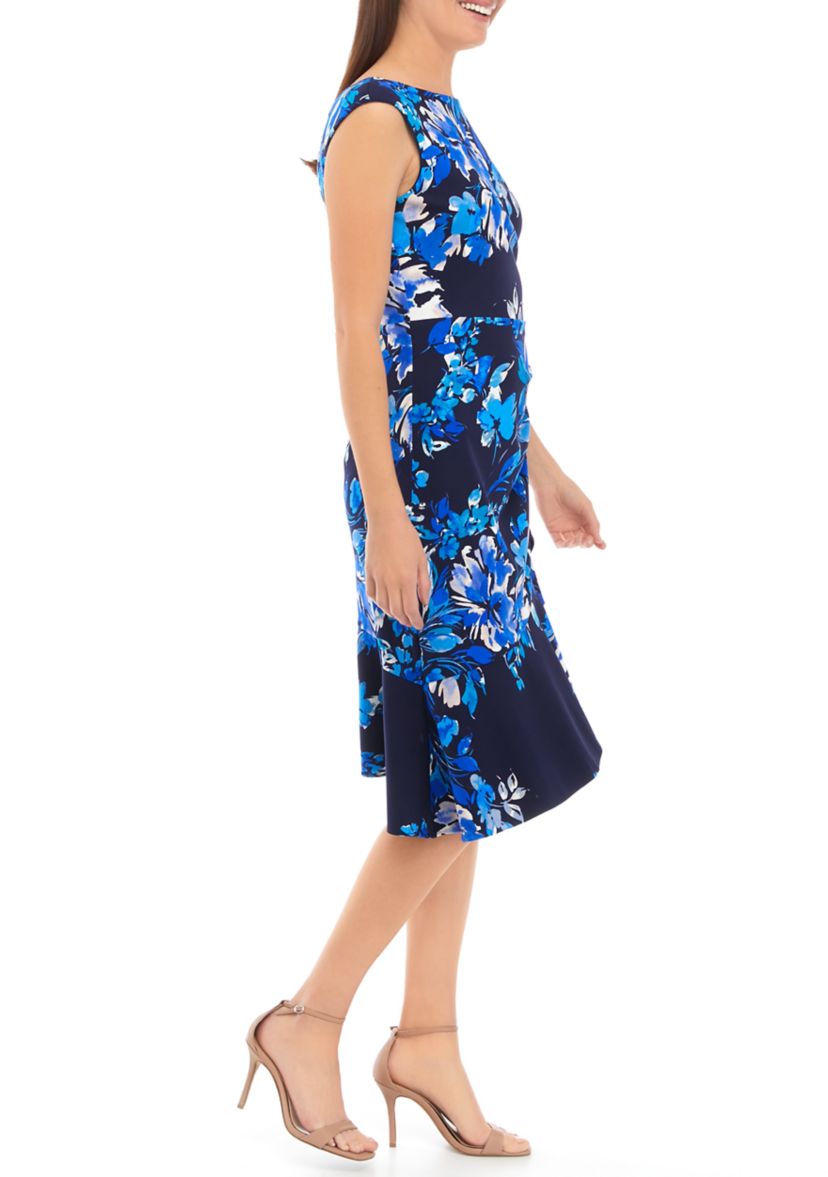 Womens Boat Neck Cascade Ruffle Sheath Dress