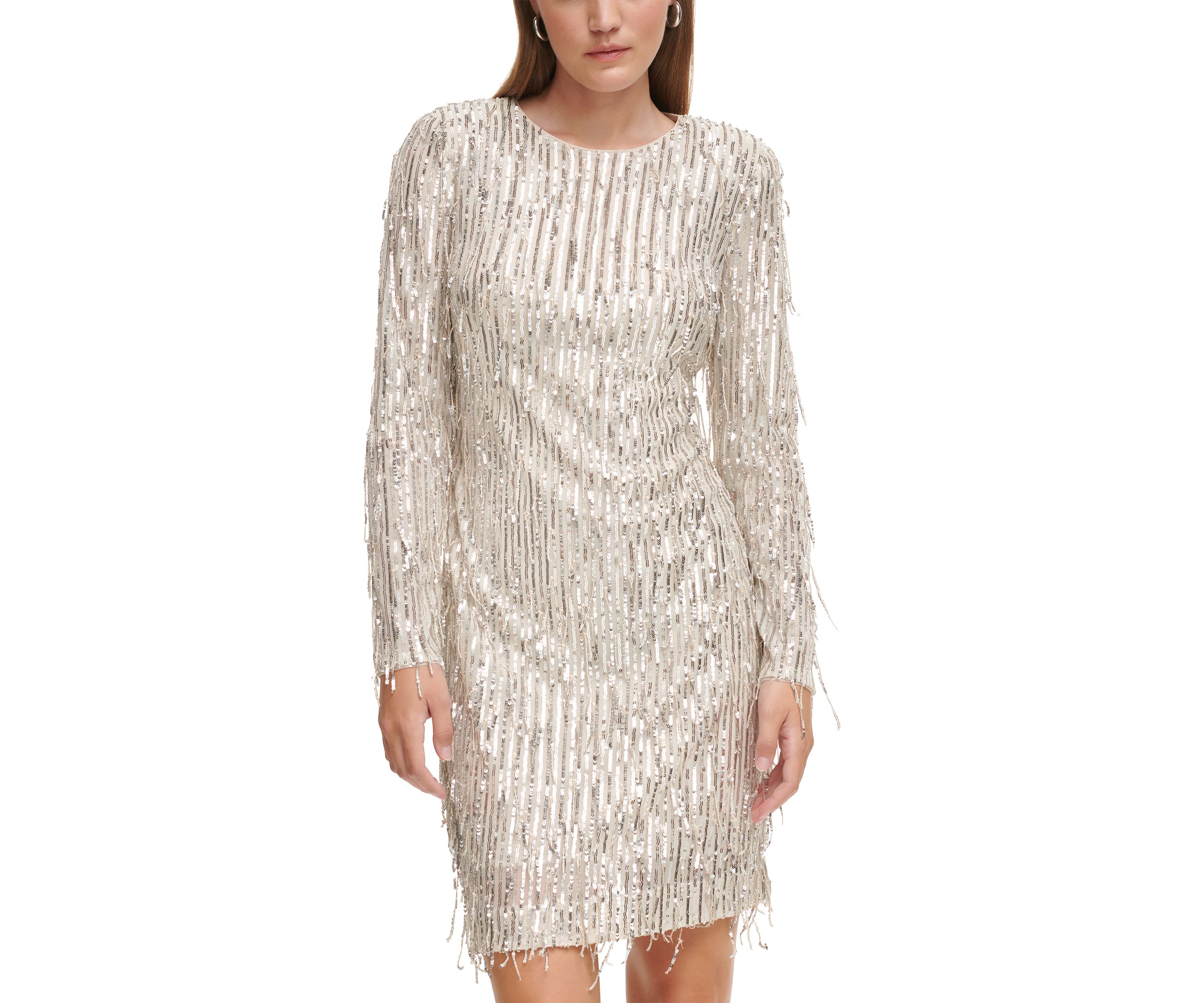 Womens Long Sleeve Sequin Fringe A-Line Dress 