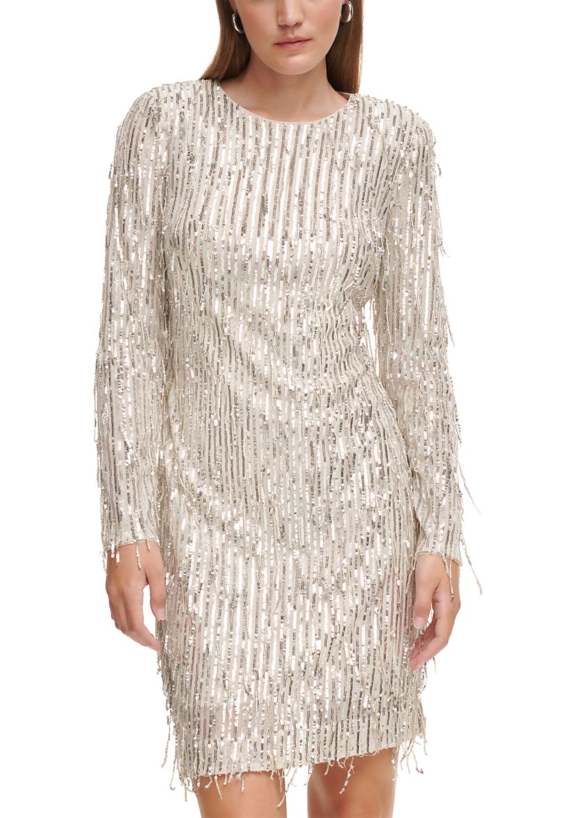Womens Long Sleeve Sequin Fringe A-Line Dress 