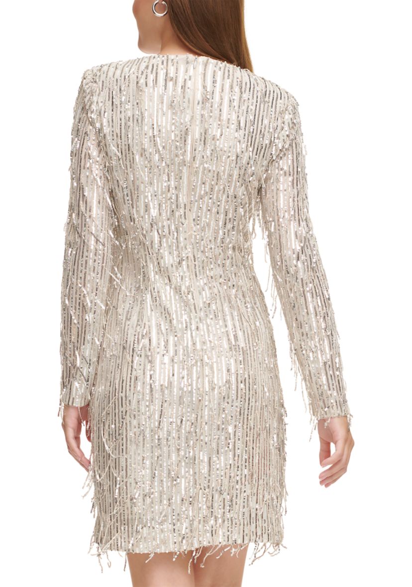 Womens Long Sleeve Sequin Fringe A-Line Dress 
