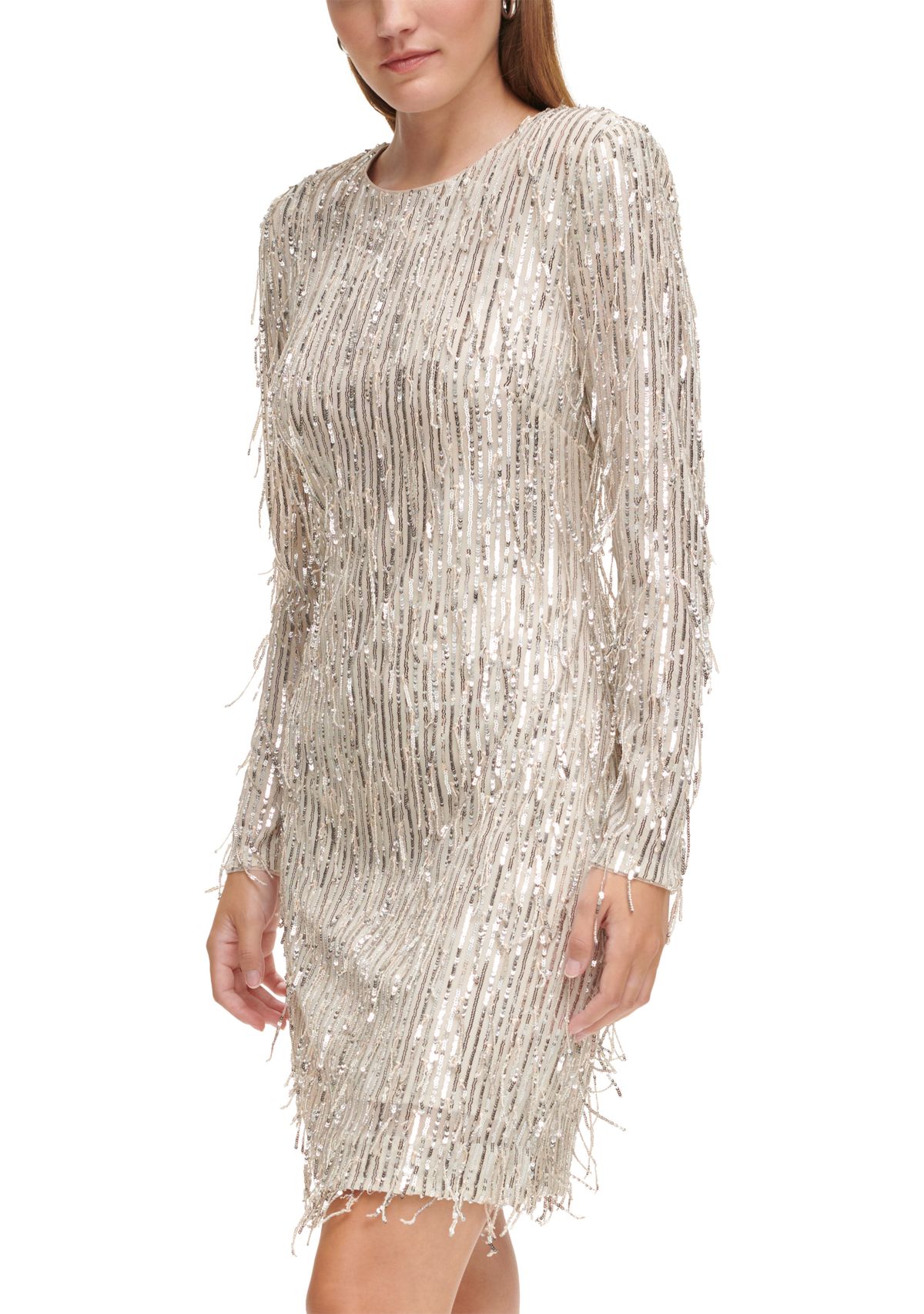 Womens Long Sleeve Sequin Fringe A-Line Dress 