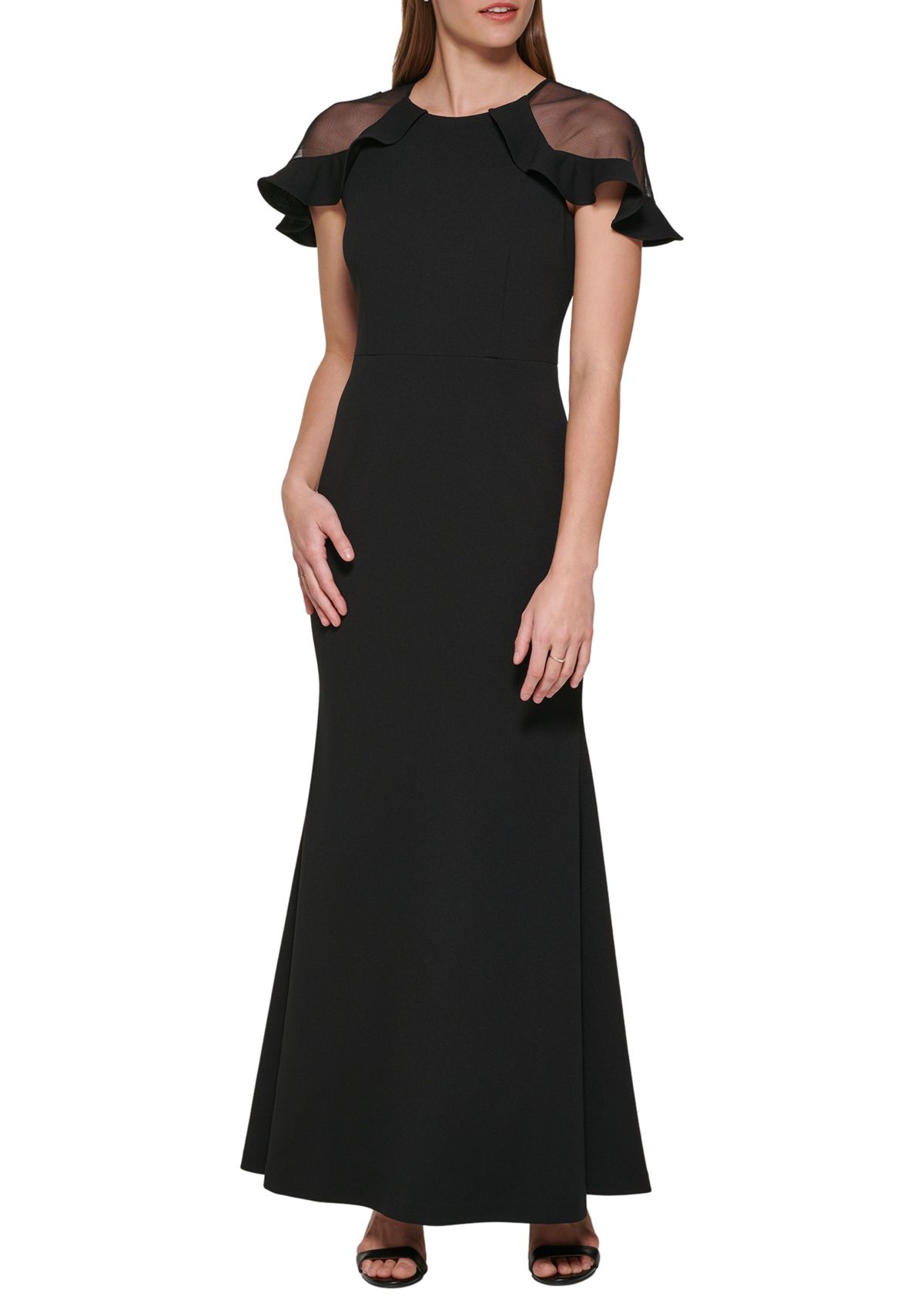 Womens Short Sleeve Boat Neck Solid Gown with Mesh Cut Out