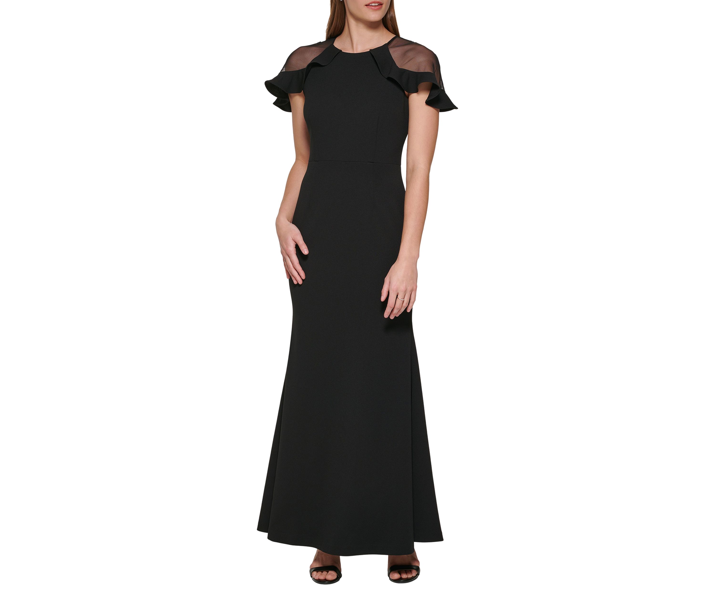 Womens Short Sleeve Boat Neck Solid Gown with Mesh Cut Out
