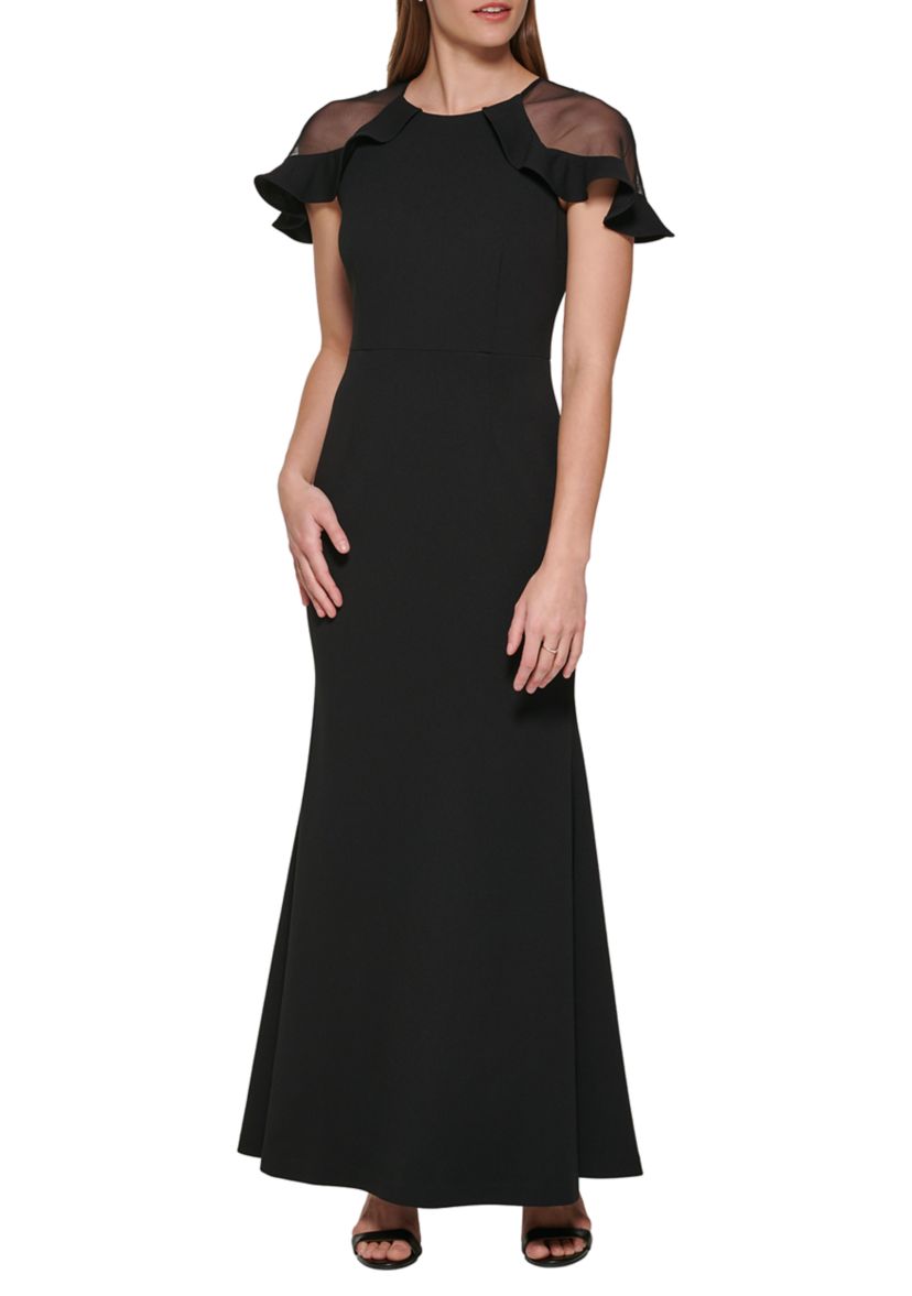 Womens Short Sleeve Boat Neck Solid Gown with Mesh Cut Out