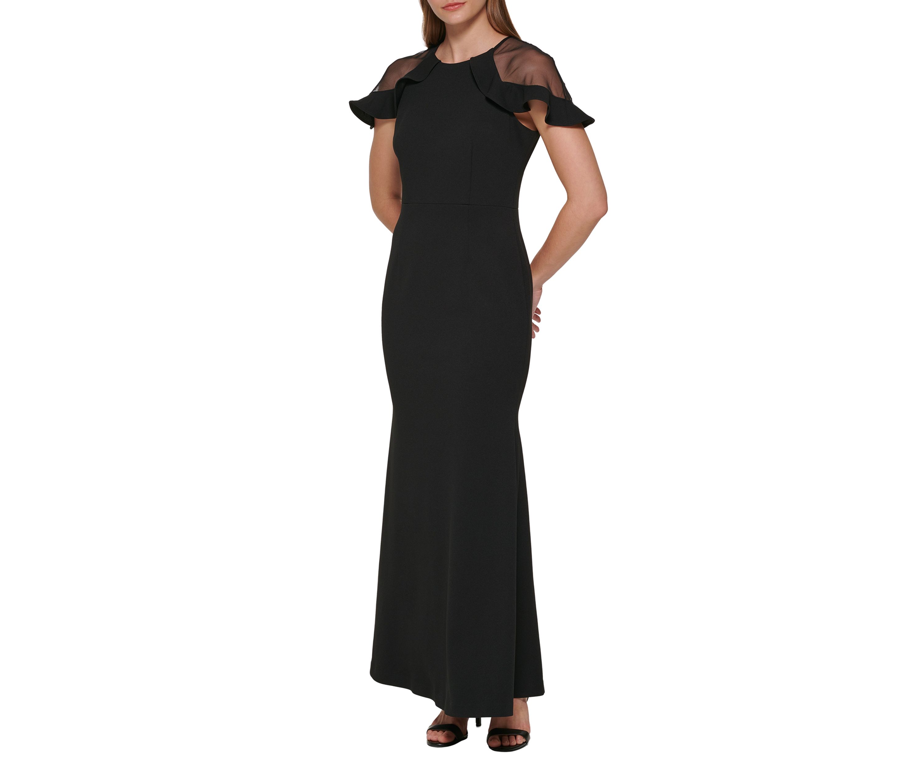 Womens Short Sleeve Boat Neck Solid Gown with Mesh Cut Out