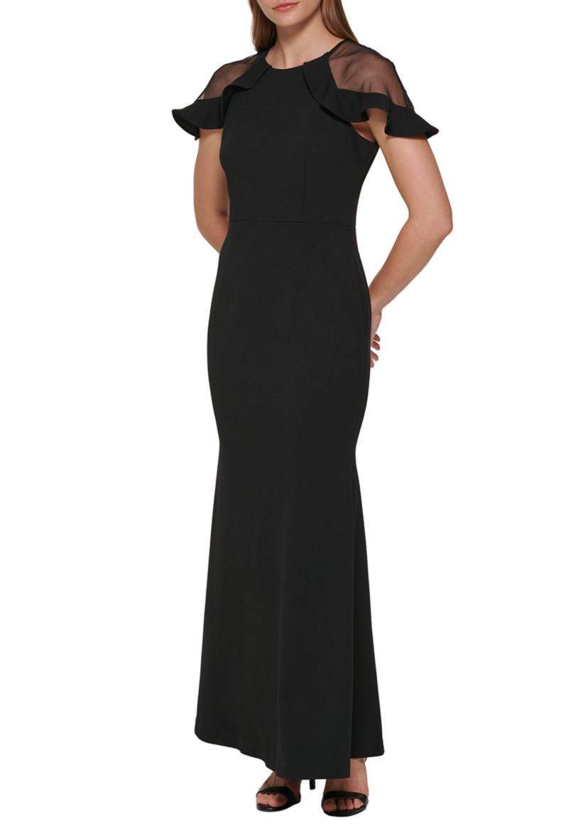 Womens Short Sleeve Boat Neck Solid Gown with Mesh Cut Out